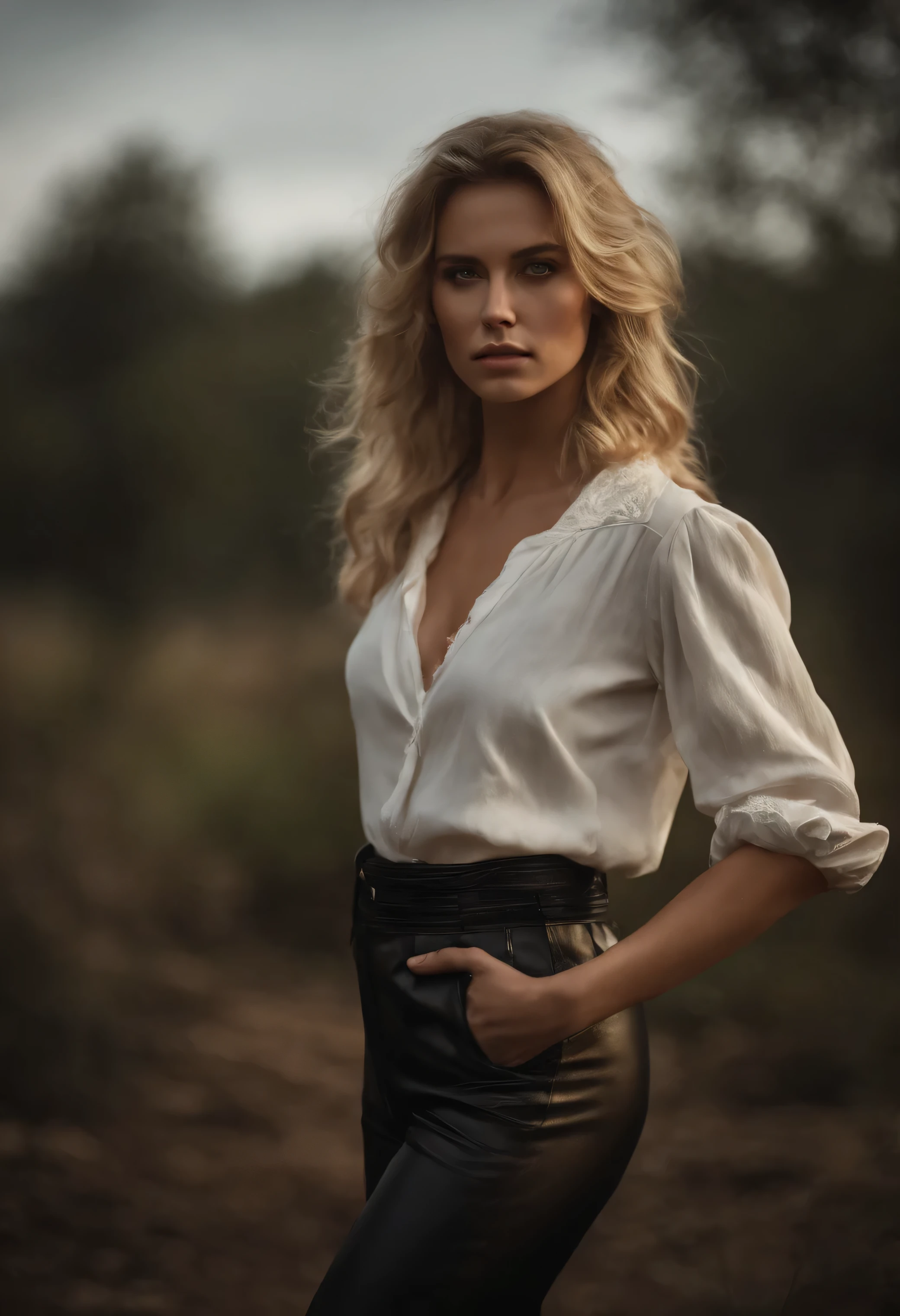 deepshadow, sinister, an award winning photograph, Best quality, Masterpiece, Upper body, woman, Freckled face, Blonde hair blown by the wind, Emerald eyes, author:Antonio J. Manzanedo, author:Lee Jeffries Nikon D850 Film Stock Photo 4 Kodaport 400 Camera F1.6 photos Rich colors Ultra-realistic textures Dramatic lighting Unreal Engine trends Art Station Movie Still 800, voluminetric lighting, Particle, god light, 1girll, Beautiful girl, Long white hair, Long straight hair, Medium hair, Leather pants, Skinny brown leather pants, Sewing leather pants, White shirt, Ruffled white shirt, White deep-necked shirt, Loose fitting ruffled shirt, Thick thighs, Black pants, Princess, warrior, sword, outside, forest, Simple shirt, Strong gaze, scowling, perfect eyes, perfect hands, perfect body, perfect hair, perfect breast, hair behind ear, UHD, retina, masterpiece, accurate, anatomically correct, textured skin, super detail, high details, high quality, award winning, best quality, highres, 16k, 8k,