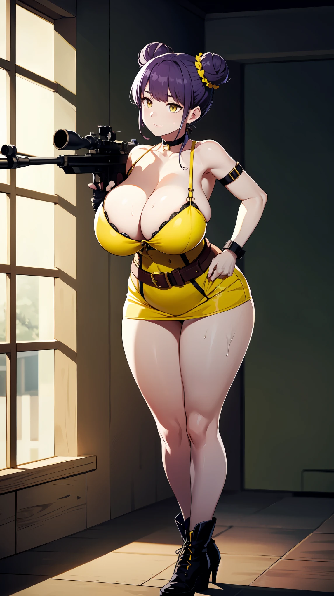 Slime girl, (slime), Slime hair Double buns hair style, Pumpkin Orange, weapon belt, Masterpiece, Best Quality, , slime girl, slime girl, purple hair, lavender hair, yellow clothes, weapon belt around waistline, rifle, long rifle, AR-15 Rifle, assault rifle,  yellow , yellow clothing, wearing yellow clothing, fully body view, tight yellow dress, Rifle in hand, mature woman, gorgeous, perverted, , yellow dress,  ,  ,  , black boots/heels, gold bracelets around wrist, holding rifle, aiming with rifle, tactical stance, tactical gear, sweaty body, long legs, tall woman,  yellow eyes, yellow  , Slime girl, (slime), Slime hair Double buns hair style, Pumpkin Orange, weapon belt, Masterpiece, Best Quality, , slime girl, slime girl, purple hair, lavender hair, yellow clothes, weapon belt around waistline, rifle, long rifle, AR-15 Rifle, assault rifle,  yellow , yellow clothing, wearing yellow clothing, fully body view, tight yellow dress, Rifle in hand, mature woman, gorgeous, perverted, , yellow dress,  ,  ,  , black boots/heels, gold bracelets around wrist, holding rifle, aiming with rifle, tactical stance, tactical gear, sweaty body, long legs, tall woman,  yellow eyes, yellow , mature body, mature face, dark purple hair color, purple hair, bending down, , crouching 