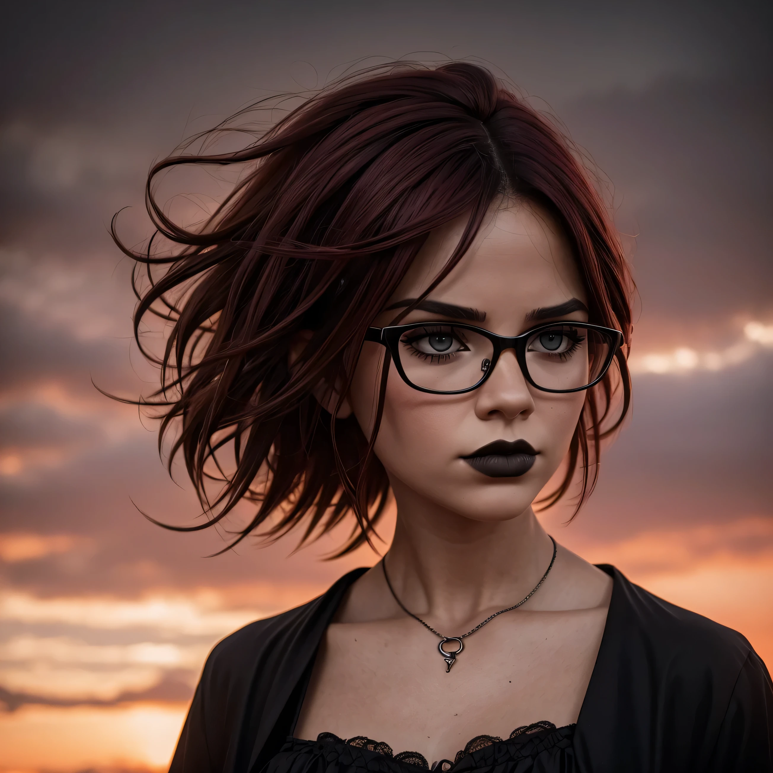 cabelo rosa, serious face, garota linda, sinistra, goth girl, garota linda, girl with glasses, sentada em uma rocha, Red Sky, aesthetics, gothic aesthetics, vestido com roupas crustpunk,  Foto bruta, re afiado, by Lee Jeffries Nikon D850 film stock photographer 4 Kodak Portra 400 camera