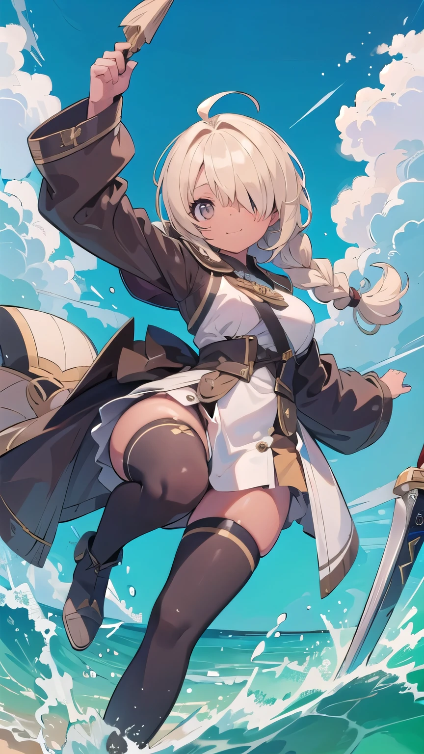 (masterpiece:1.2), (highest quality:1.2), perfect eyes, perfect face, perfect lighting, middle ages, sandy beach, 1 boy,blonde　red eye, ((((((hair over one eye)))))), Braid Styles, spiked hair, blunt bangs, bob hair, a braid, Ahoge, (wizard), cute eyes, medium breast, ((from above)), ((front)), ((from below)), arms behind back, smile+happy, fang, (((brown skin))),  Thighhighs, greaves, boots, big breasts, dynamic pose