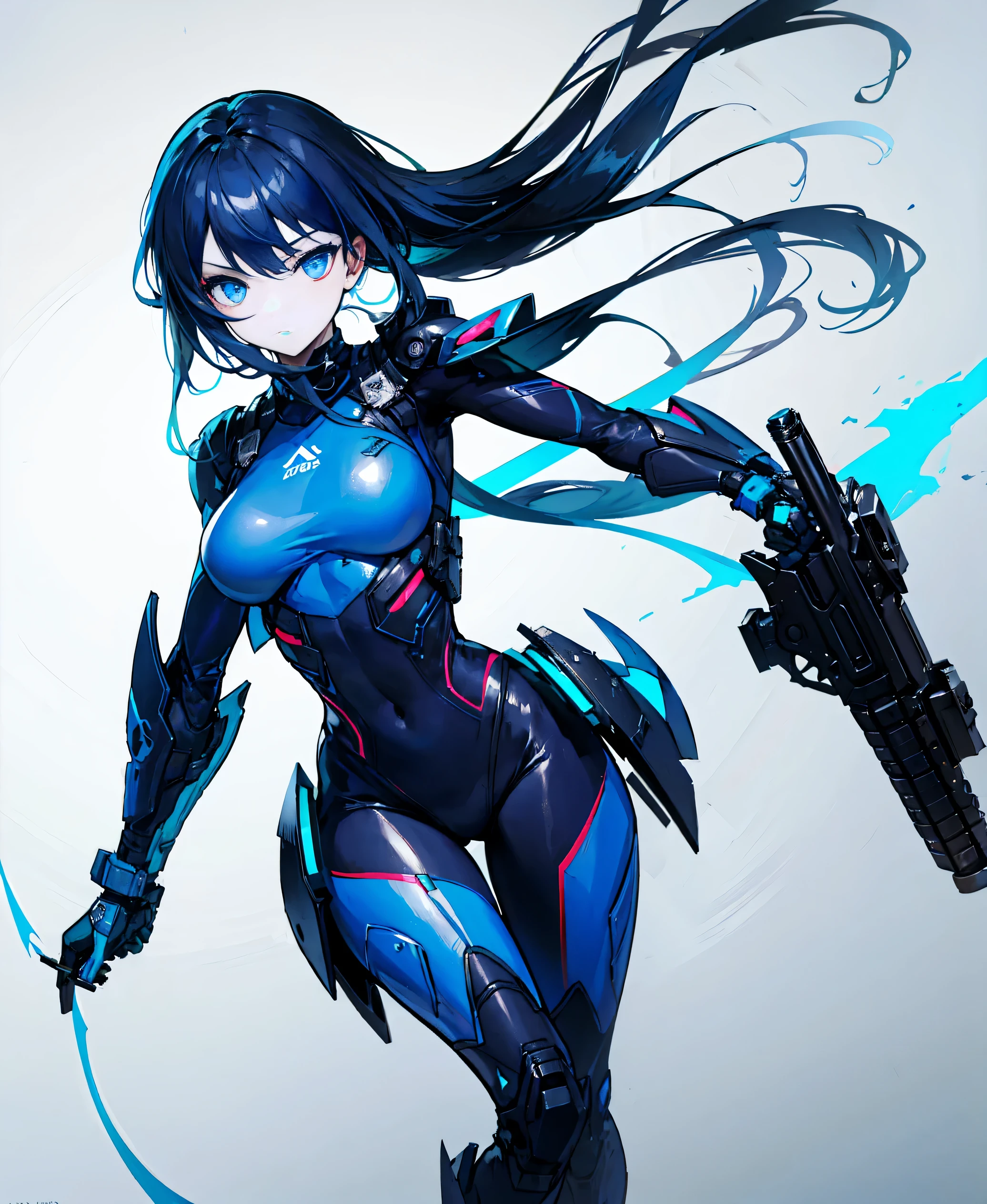 no background,girl,carry a firearm,Enamel style tight suit,use of firearms,dark blue long hair,attention arousal,blue colored eyes,no gradation