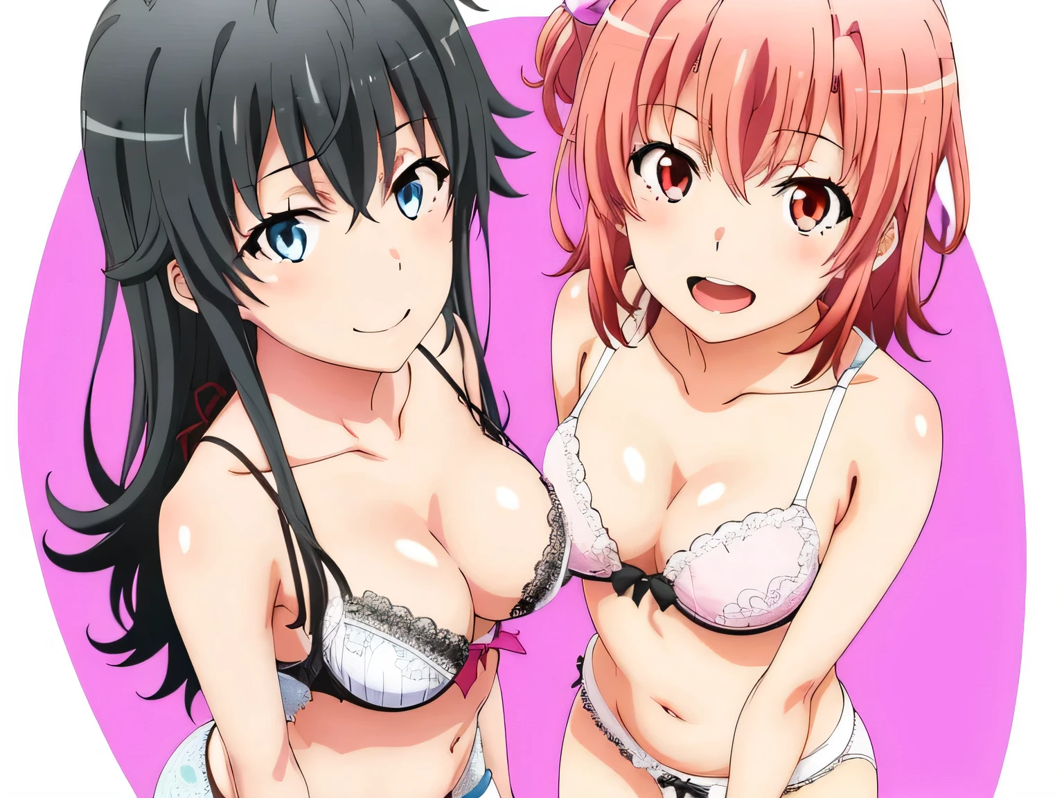 2 girls , Yukinoshita Yukino , yuigahama yui&#39;bust and thighs are great,In underwear,bra,belly button,light pink panties,white panties,thighs,knees,(high angle),(beautiful eyes),open mouth smile,Insert your head