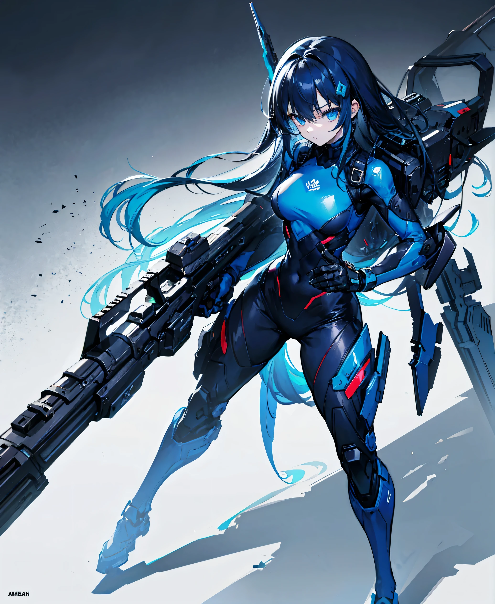 no background，girl，carry a firearm，Enamel style tight suit，use of firearms，dark blue long hair，attention arousal，blue colored eyes,no gradation