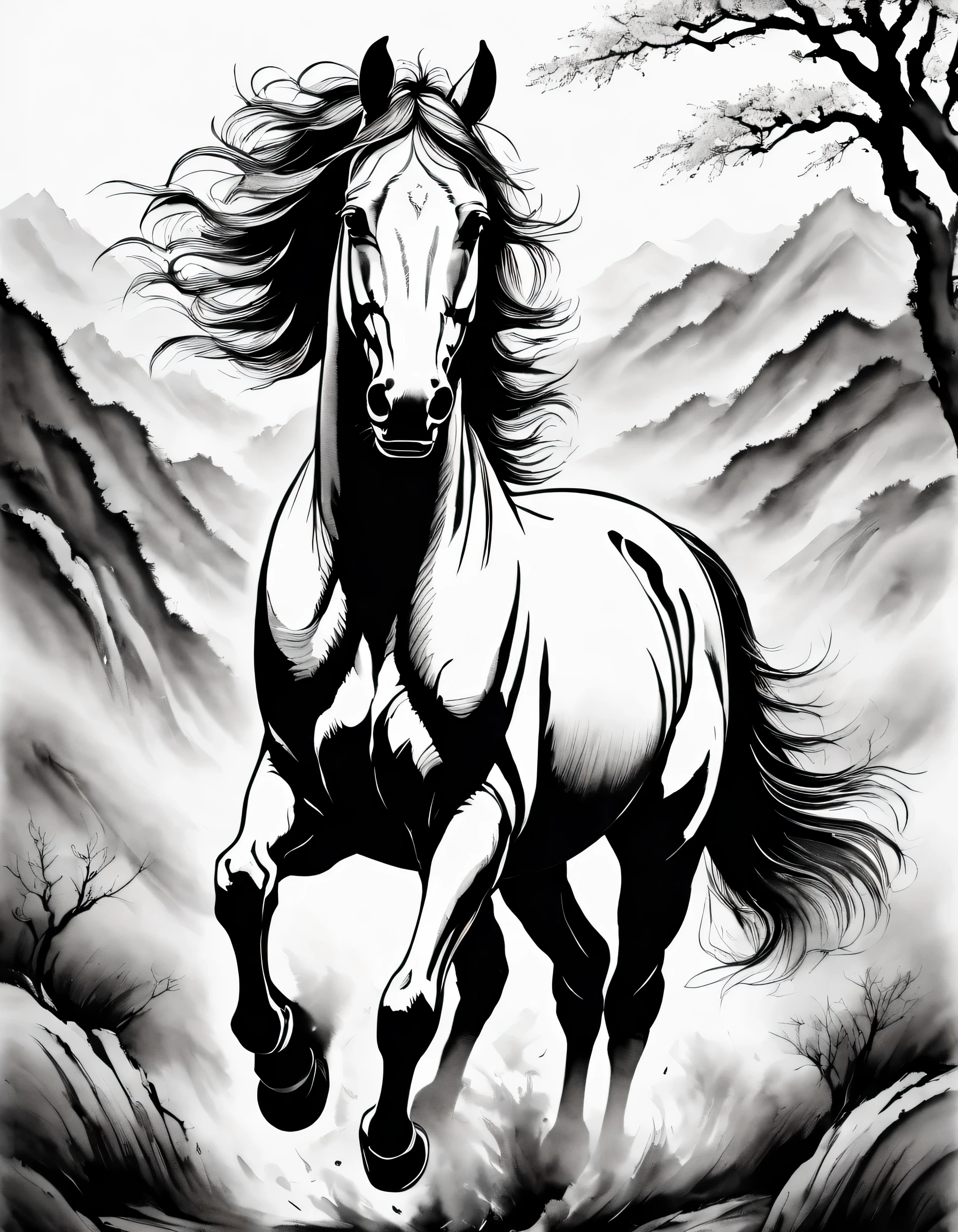 Chinese traditional ink body art style, (Draw an elegant horse with simple lines),white horse, Undulating lines, Thick and thin lines,Beautiful horses, line drawing, black and white painting,Character Drawings,line drawing,Lyrical abstraction, Brush Art,gel pen,Ink painting art,