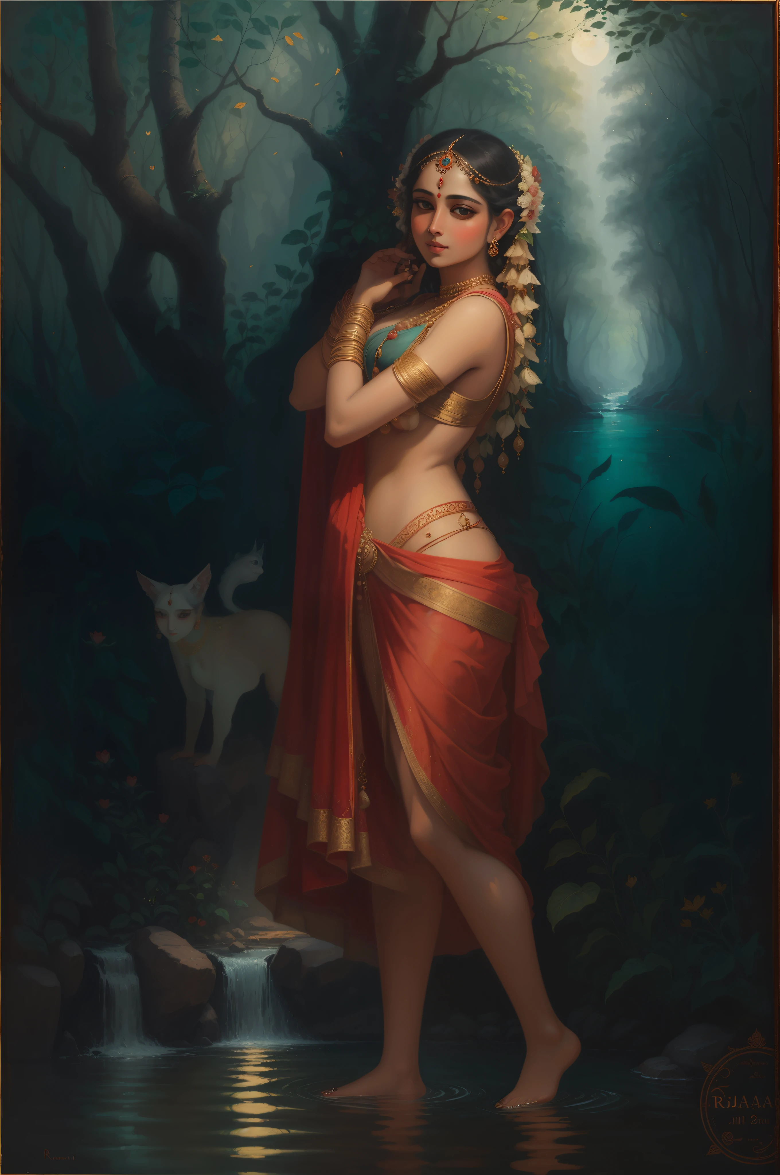 painting of a woman in a red dress standing in a river, inspired by Raja Ravi Varma, by Raja Ravi Varma, inspired by T. K. Padmini, goddess of nature, nature goddess, portrait of a beautiful goddess, godess, indian goddess, beautiful goddess, oil on canvas painting, goddess of beauty, female goddess, the goddess of love