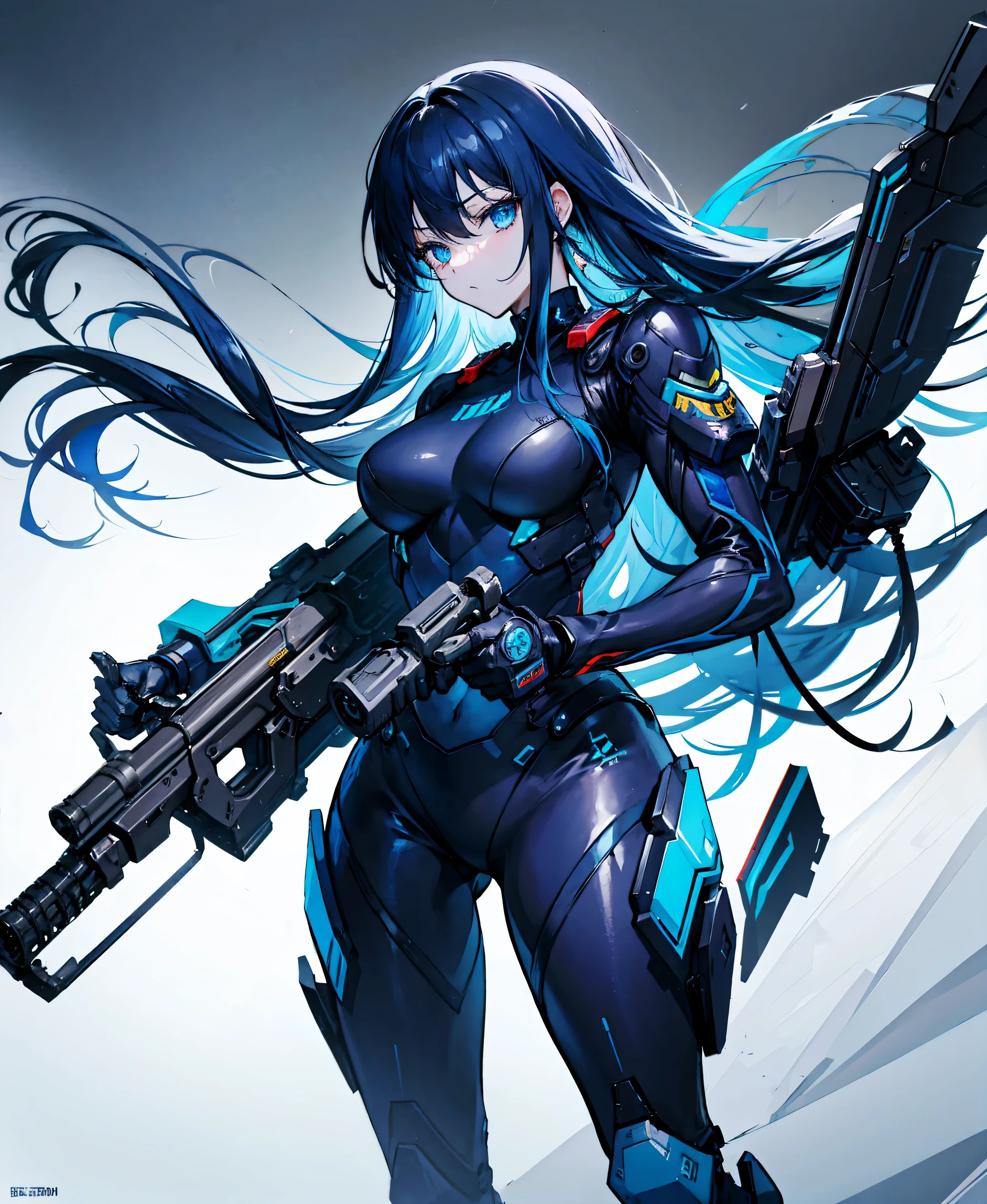 no background,girl,carry a firearm,Enamel style tight suit,use of firearms,dark blue long hair,attention arousal,blue colored eyes,no gradation