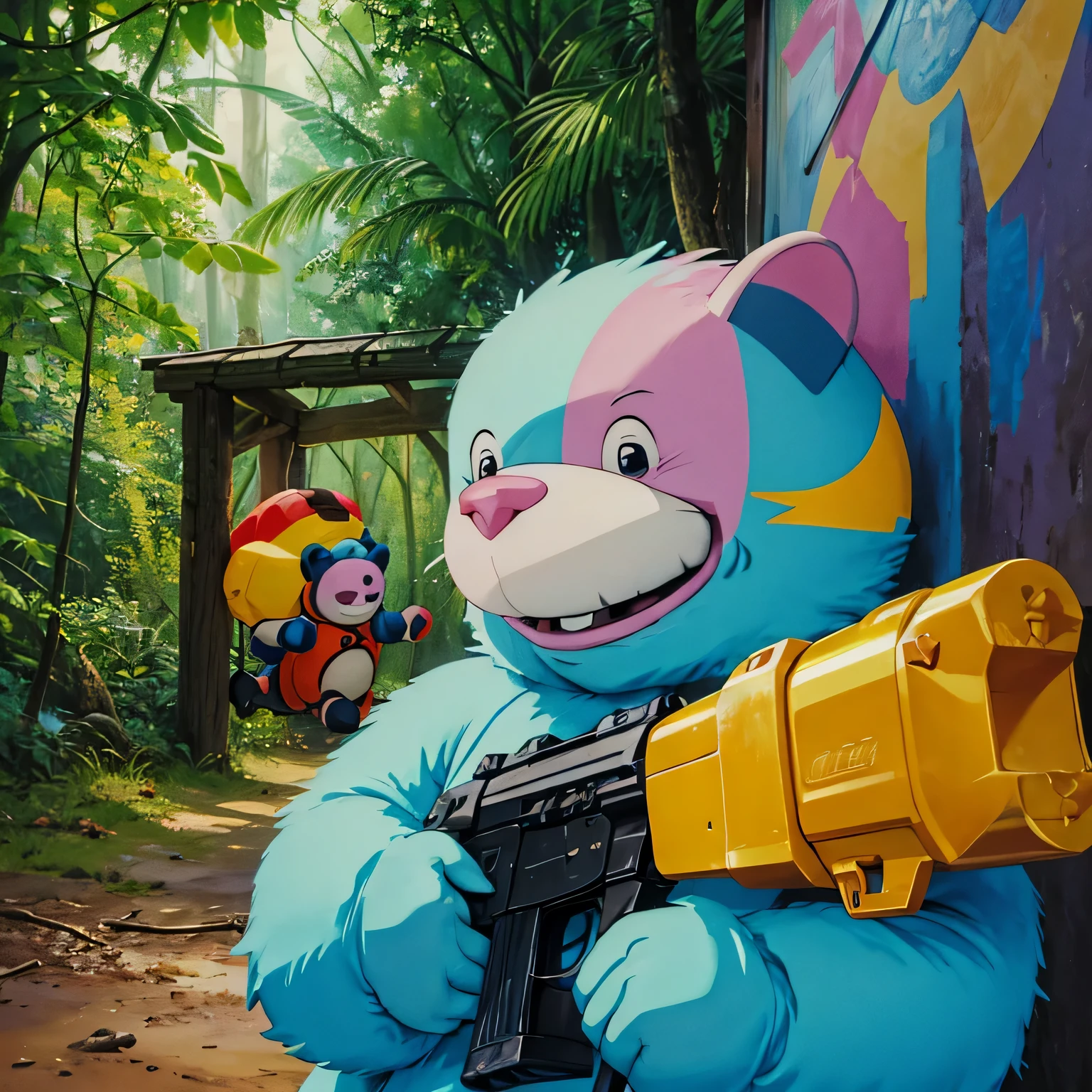 The picture shows a care bear, das mit einem bunten Paintball-Gewehr in der Hand steht. Various colorful paintball splashes can be seen around the bear, die auf einer Leinwand oder einer Wand landen. The little bear has a big smile on his face and is beaming with joy, while he enjoys his paintball fun. The scene shines and shows joy and fun, dass Care Bears auch gerne etwas Action erleben.