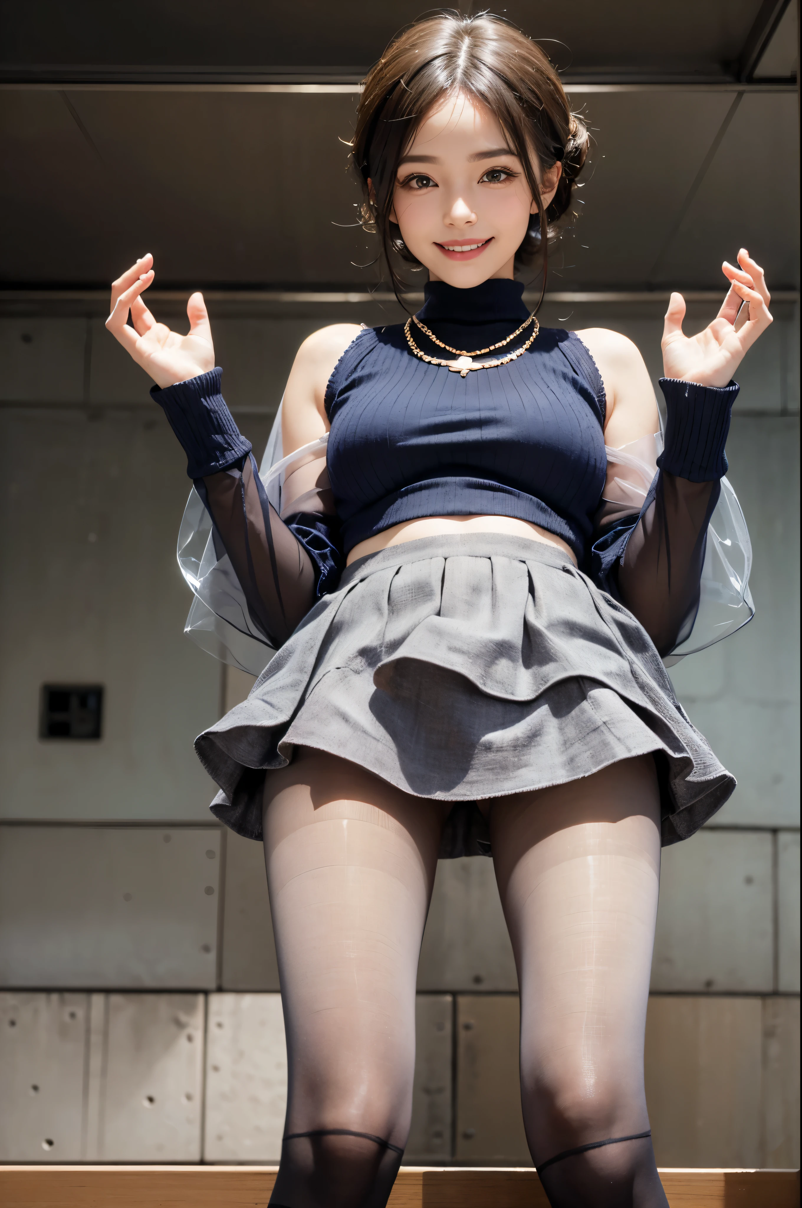((highest quality、8K、masterpiece:1.3))、Are standing、sharp focus:1.2、(realistic、Photoreal:1.37)、laughter、Turn to the audience、put one'put one's feet in front of the audience、beautiful face woman、28 years old、pointed chest、NSFW、long eyelashes、colored contact lenses、big 、delicate、very fine eyes、highly detailed eyebrows、(sharp eyebrows)、(thin eyebrows).highly detailed face、(brunette tousled hair:1.3),Black Long Sleeve Knit Turtleneck、small necklace、((Fringed Pocket Tweed Mini Skirt))、((thin and transparent pantyhose:1.4))、beautiful thighs、from below、detailed background(8K、masterpiece、highest quality、Raw photo)、knee high boots、Touching the thigh、raise one knee、A quiet residential area,(shining smile:1.5)