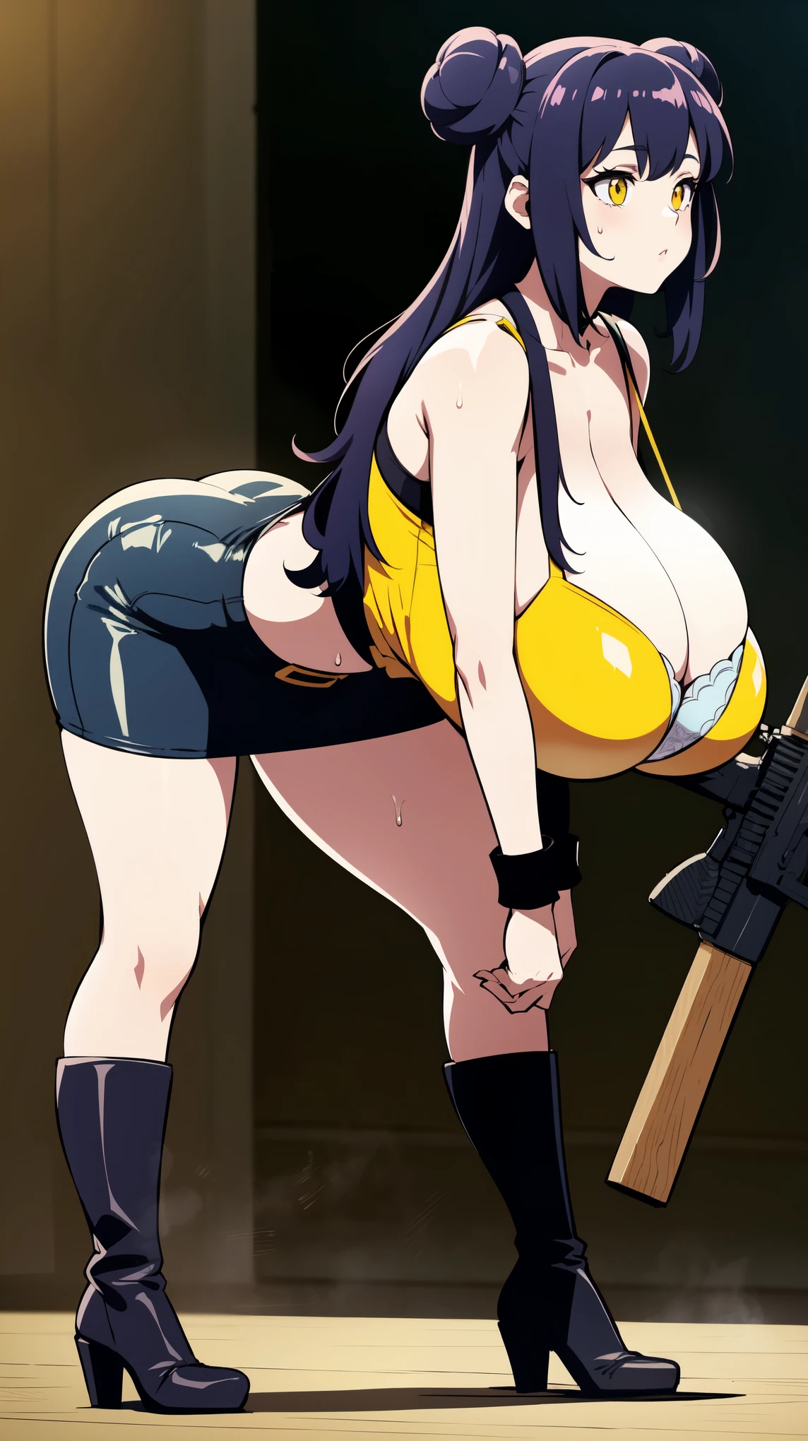 Slime girl, (slime), Slime hair Double buns hair style, Pumpkin Orange, weapon belt, Masterpiece, Best Quality, gigantic breasts, slime girl, slime girl, purple hair, lavender hair, yellow clothes, weapon belt around waistline, rifle, long rifle, AR-15 Rifle, assault rifle, exposed yellow bra, yellow clothing, wearing yellow clothing, fully body view, tight yellow dress, Rifle in hand, mature woman, gorgeous, perverted, sexy, yellow dress, exposed chest, exposed bra, exposed breast, black boots/heels, gold bracelets around wrist, holding rifle, aiming with rifle, tactical stance, tactical gear, sweaty body, long legs, tall woman, lustful yellow eyes, yellow lingerie, bent over position, bending over, 