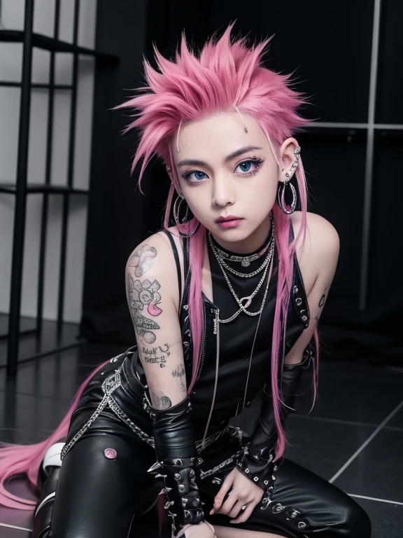 arafed boy With pink hair and piercings sitting on a floor, With pink hair, 1 goth anime boy, Long spiky pink hair, With index finger, Baroque visual art ki décora, Cabello Glam Metal, Punk doll, By harajuku, Ikuto Yamashita, Pink hair and sky eyes.