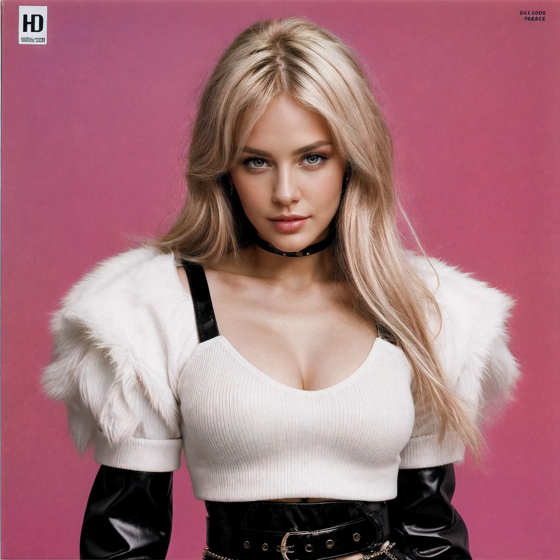 [obra de arte], [Ai001 is a famous model, cabelo loiro com detalhes platinados, Pele HD],
on the cover of an 80s music album, cores dos anos oitenta, She is beautiful, bem produzido com roupa anos 80, something modern and stylish for an 80s Kodak music album cover, por David LaChapelle