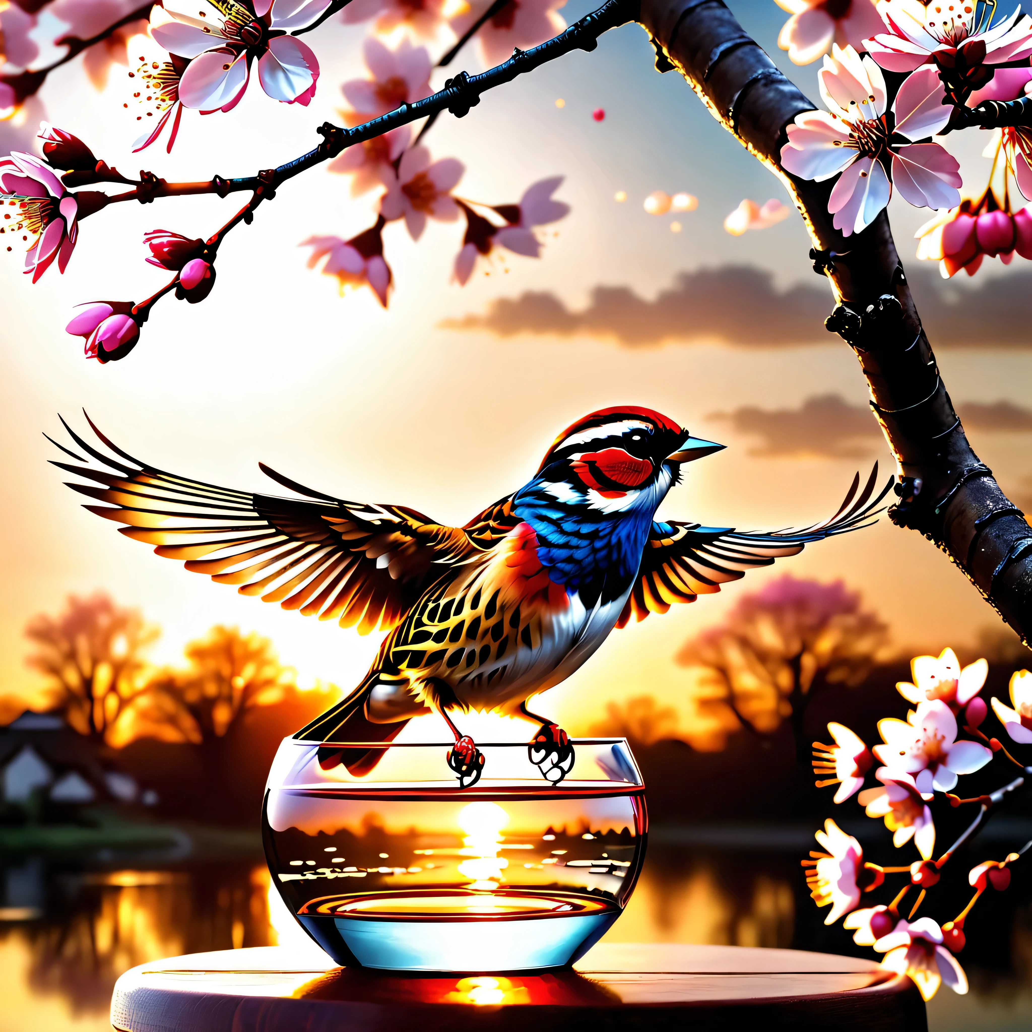 sunset "Sparrow bird with open wings spread upwards perched on a cherry blossom branch, top masterpiece of superior high-quality, officially beautiful art and aesthetics, realistic and detailed, yang08k." on sakura tree in a bottle, fluffy, atmospheric light refraction, by lee jeffries nikon d850 film stock photograph 4 kodak portra 400 camera f1.6 lens rich colors Ultra Professional Photo-Realistic epic lifelike texture dramatic lighting trending on cinestill 800, Style-Glass, ((UnrealEngine5 epic tmasterpiece, ultra best quality, detailed, ultra sharp, ultra high-resolution, ultra high-definition, UHD, HDR, vibrant DSLR vivid)), colorful lighting, reflection, varies multi etc. --v6 --s1000 --c20 --q5 --chaos100