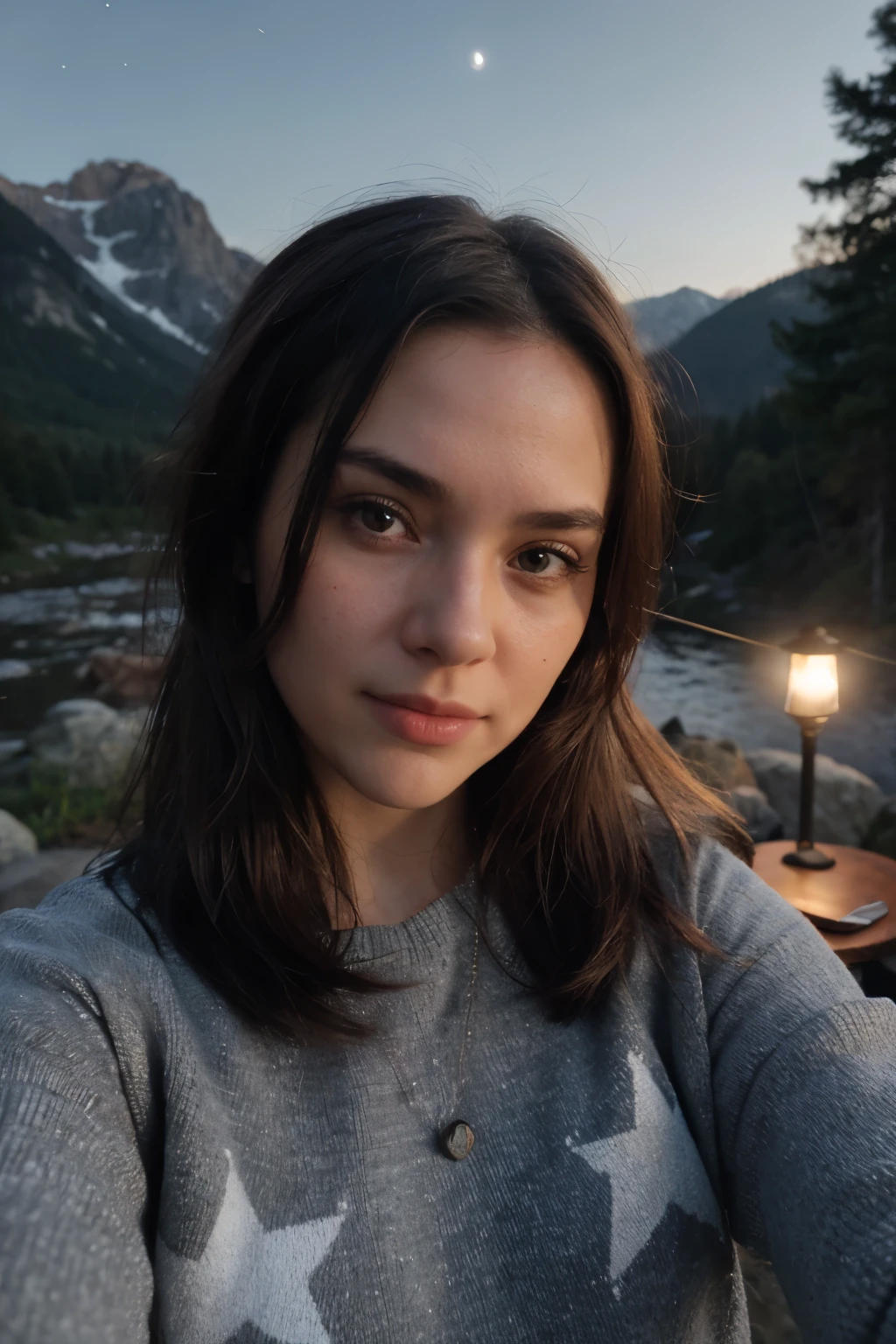 Photorealistic, Best quality, hyper detailed, beautiful woman, selfie photo, looks straight into the camera, upper body, One, wear a pullover, on open air, (night), Mountains, real nature, stars, moon, (cheerful, happy), sleeping bag, gloves, sweater, cap, flashlight, the forest, rocks, River, wood, smoke, Fog, clear sky, analog style, I look at the viewer, skin texture, granularity, close-up, ultra high resolution, best shadow, RAW, Instagram LUT