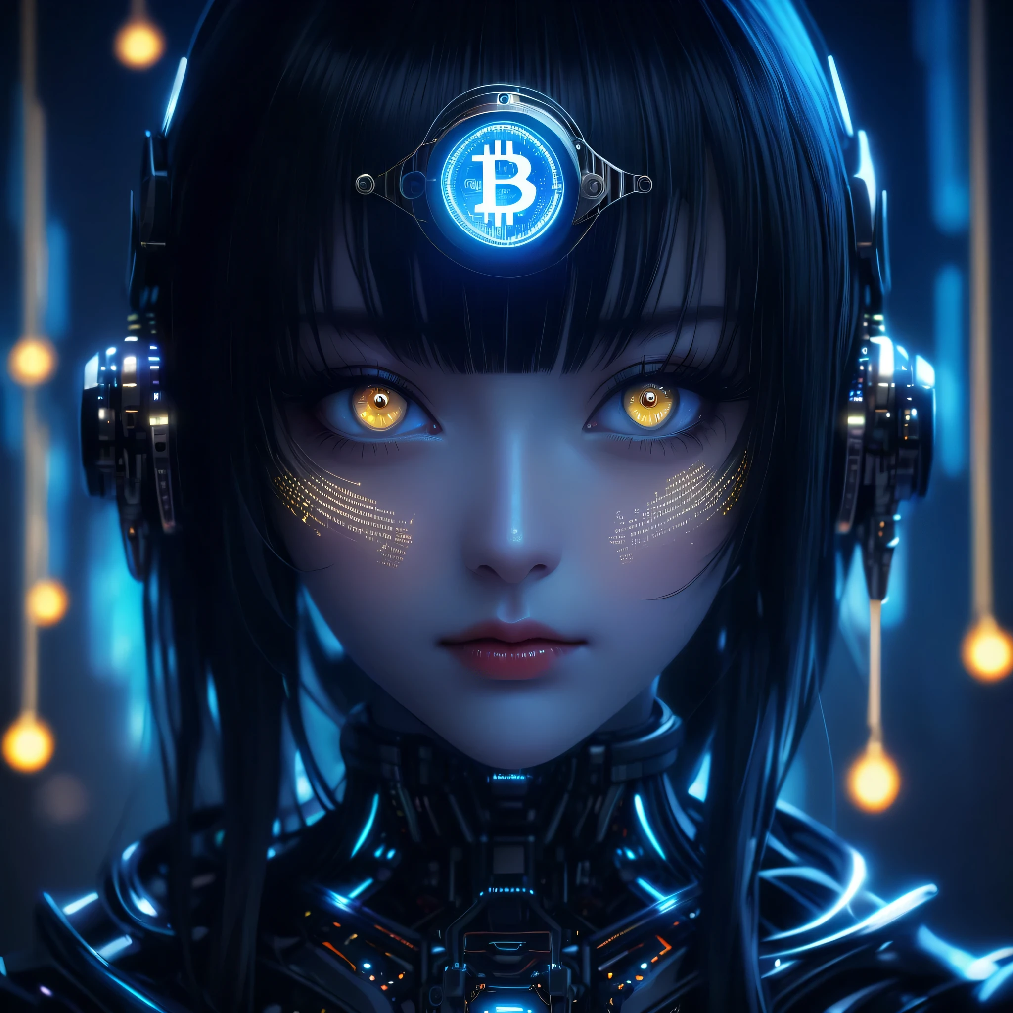 Cybernetic robot eyes with glowing pupils, in the shadow of which there is a digital blockchain network connected to bitcoin coins and real-time moving candlestick charts.