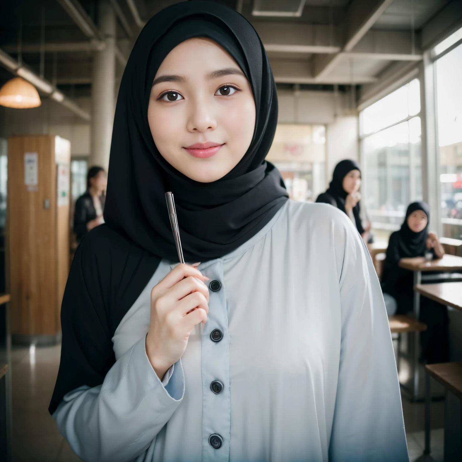 Muslim girl, hijab, (8K, RAW photo, highest quality, High resolution:1.1), (hyperrealistic:1.4),(realistic, photorealistic:1.3), soft light,realistic face,realistic body,realistic skin,disorganized,masterpiece,(cute:1.8), , baby face, Bs,(big:1.2),fine black eyes,innocent eyes,droopy eyes,Watery eye,open lips,blush,good style,colorful lights,film Grain,smile,full Body,blurred background,young,85mm lens, f/ 1.4,professional lighting,portrait,photon mapping,radio city,Physically based rendering,japanese girl, wearing black matte hijab, abaya, twirling hijab, sky blue jacket,having ramen with me, in a bussy foodcourt,