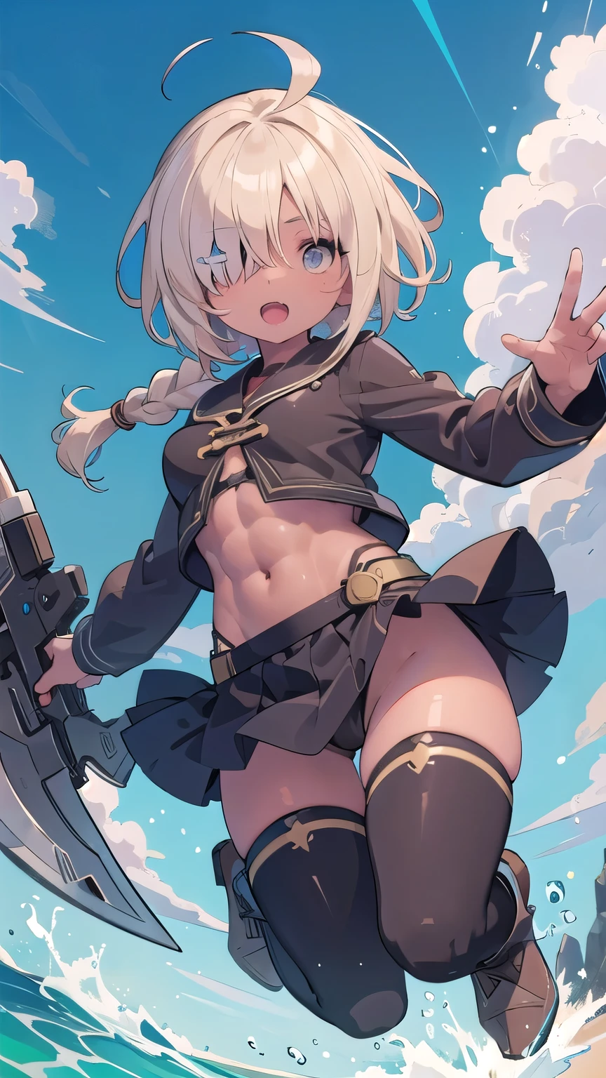 (masterpiece:1.2), (highest quality:1.2), perfect eyes, perfect face, perfect lighting, middle ages, sandy beach, 1 boy,blonde red eye, ((((((hair over one eye)))))), Braid Styles, spiked hair, blunt bangs, bob hair, a braid, Ahoge, cute eyes, medium breast, glaring, open mouth, ((from above)), ((front)), ((from below)), arms behind back, orgasm, scared, , (abs), ahegao, smile+happy, fang, (((brown skin))), Thighhighs, greaves, boots, big breasts, dynamic pose