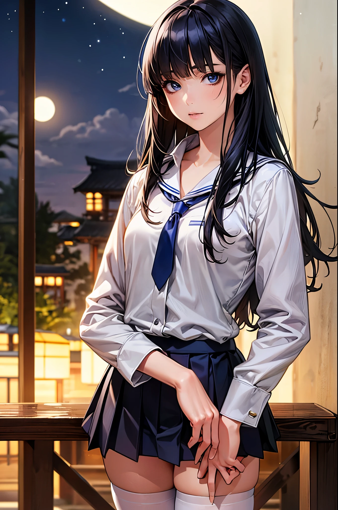((perfect anatomy:1.2,realistic,:1.3,RAW Photography:1.3,masterpiece、highest quality、Ultra - High resolution、High resolution、Highly detailed CG、8K)),cowboy shot,1 female,alone,20-year-old,beauty of japan,beautiful detailed face and eyes,big and gorgeous eyes,gray eyes,(black hair,long hair,blunt bangs), (slender body,small head:1.4, skinny,medium breasts), glowing skin,oily skin,((holding a Japanese sword、Correctly drawn hands、Accurately depicted Japanese sword)),((white shirt with collar、long sleeve、navy blue tie、navy pleated mini skirt,white_thighhighs)),schoolyard、school at night、at night、Natural moonlight、