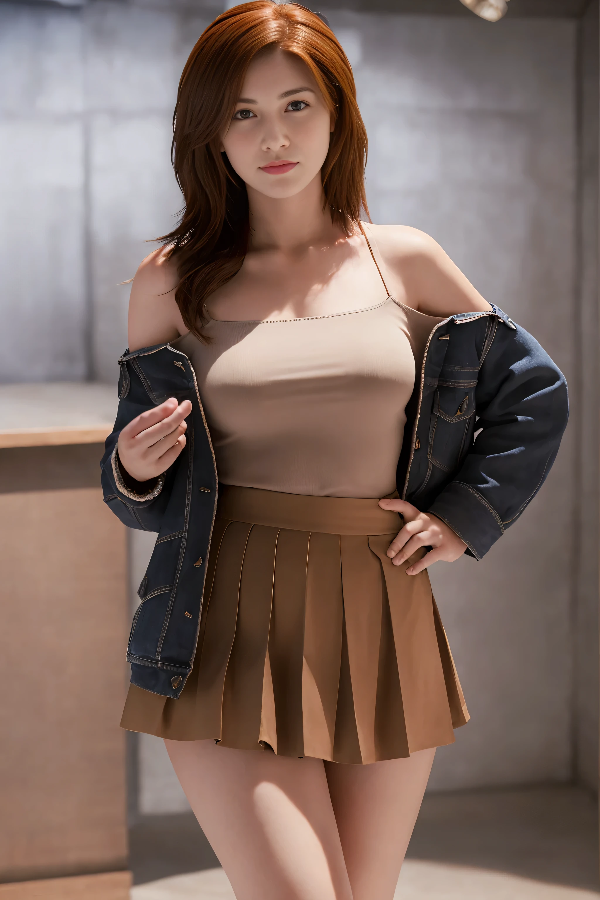 Claire Redfield from Resident Evil, posing seductively to viewer, solo:1, pov, beautiful thick thighs, realistic hands, standing
Sunny book club background, long auburn hair, 3/4 body, off-shoulder buttoned jacket with mini pleated skirt