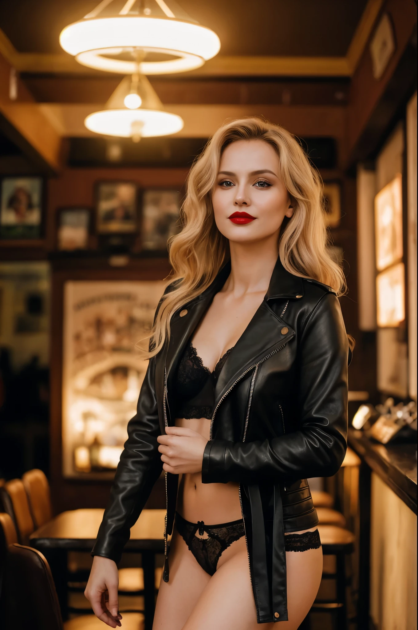 photo a Russian 38yo woman in a Irish pub, deep_grinish perfecteyes eyes, subtle red lipstick, long light_blonde messy hair, soft skin, (facing away from viewer:0.9), (from the side:0.95), (complex background), stunningly beautiful, long legs, wearing open black leather biker jacket which do not cover her bare flat chest and (lace see-thru thongs panties), smug, braless:2, (leaning forward:1.1), (flirty smirk:1.2), (shy:-2), epiCRealism	