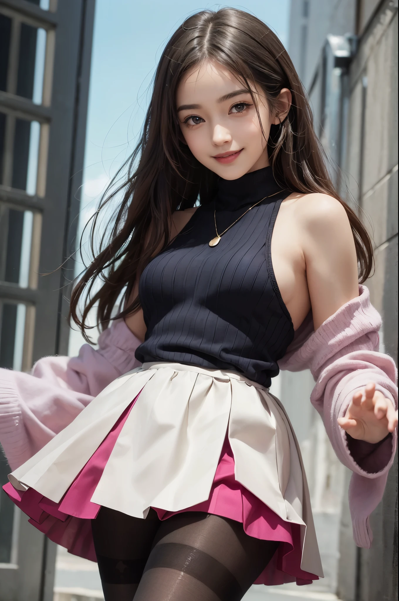((highest quality、8K、masterpiece:1.3))、standing、sharp focus:1.2、(realistic、Photoreal:1.37)、laughter、turn to the audience、put one's feet in front of the audience、beautiful face woman、28 years old、pointed chest、NSFW、long eyelashes、colored contact lenses、big 、Delicate、very fine eyes、highly detailed eyebrows、(sharp eyebrows)、(thin eyebrows).highly detailed face、(brunette tousled hair:1.3),Black Long Sleeve Knit Turtleneck、small necklace、((Fringed Pocket Tweed Mini Skirt))、((Thin and transparent pantyhose:1.4))、beautiful thighs、from below、detailed background(8K、masterpiece、highest quality、Raw photo)、Knee-high boots、Touching the thigh、raise one knee、A quiet residential area,(shining smile:1.5)