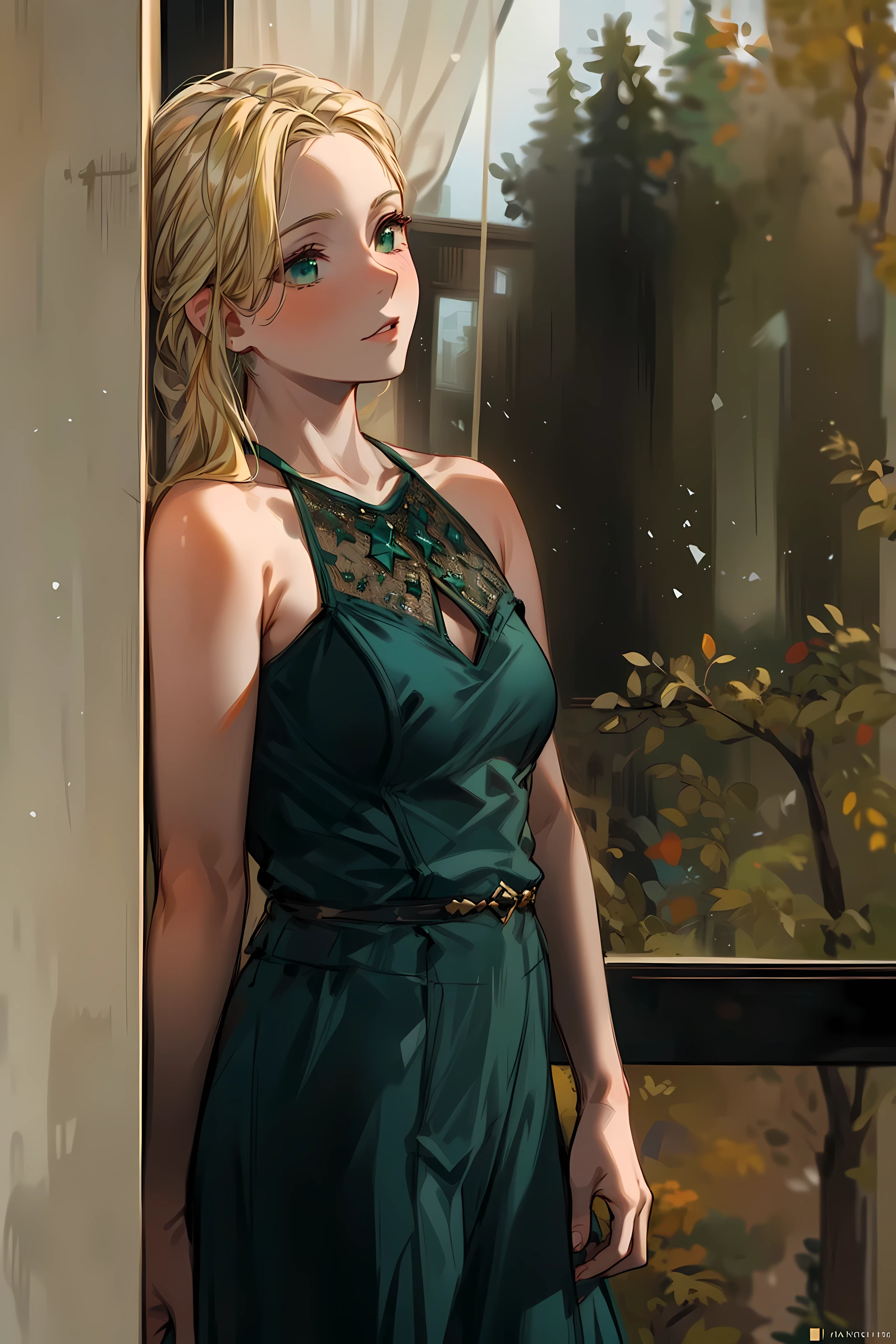 blond woman in green dress leaning against a window with trees outside, dark green dress, green dress, she wears a dark green dress, leaning against the window, next to a big window, full body green dress, dark green tones, inspired by Elsa Bleda, next to a window, standing near a window, side portrait imagery, near a window