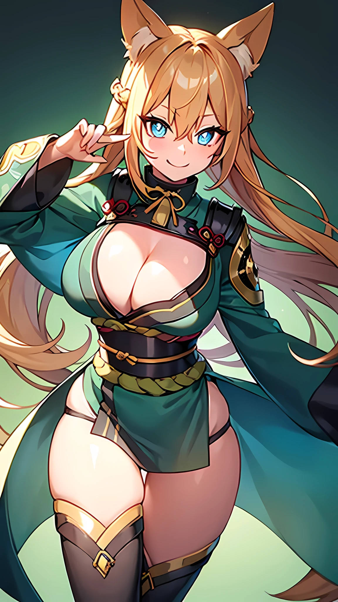 (masterpiece), best quality, expressive eyes, perfect face,(((1 girl))),((green shot kimono:1.3)),(huge breasts 1.5),(thigh gap 1.5),animal ears,japanese street,hand on own chest,creamy yellow hair,long wavy hair,cleavage,looking at viewer,smiles, eyeshadows, eye liner,glistening eyes, hyper detailed eyes, intricate eyes, beautiful eye, ((glowing blue pupils))、smilling face,standing,seductive pose