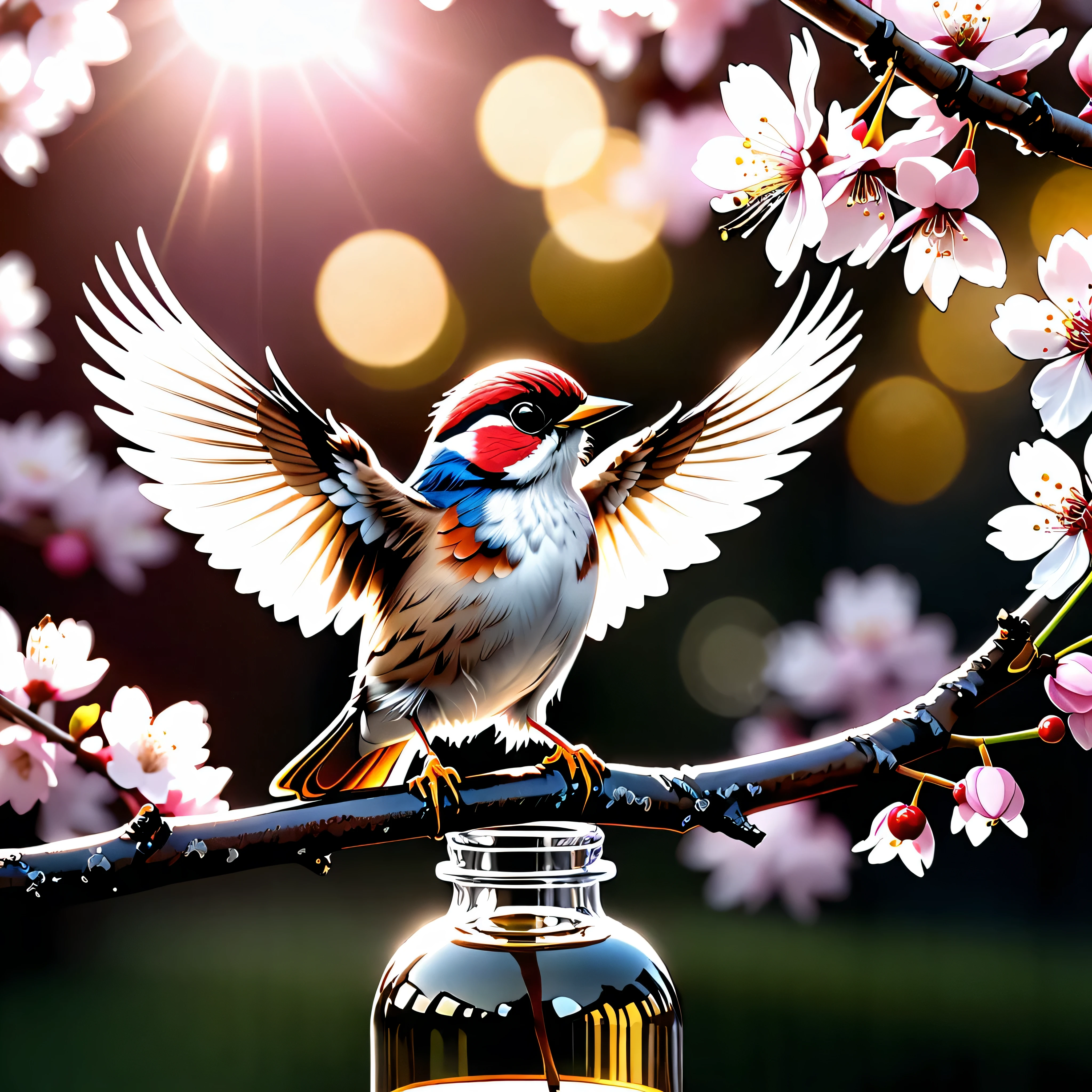 sunset "Sparrow bird with open wings spread upwards perched on a cherry blossom branch, top masterpiece of superior high-quality, officially beautiful art and aesthetics, realistic and detailed, yang08k." on sakura tree in a bottle, fluffy, atmospheric light refraction, by lee jeffries nikon d850 film stock photograph 4 kodak portra 400 camera f1.6 lens rich colors Ultra Professional Photo-Realistic epic lifelike texture dramatic lighting trending on cinestill 800, Style-Glass, ((UnrealEngine5 epic tmasterpiece, ultra best quality, detailed, ultra sharp, ultra high-resolution, ultra high-definition, UHD, HDR, vibrant DSLR vivid)), colorful lighting, reflection, varies multi etc. --v6 --s1000 --c20 --q5 --chaos100