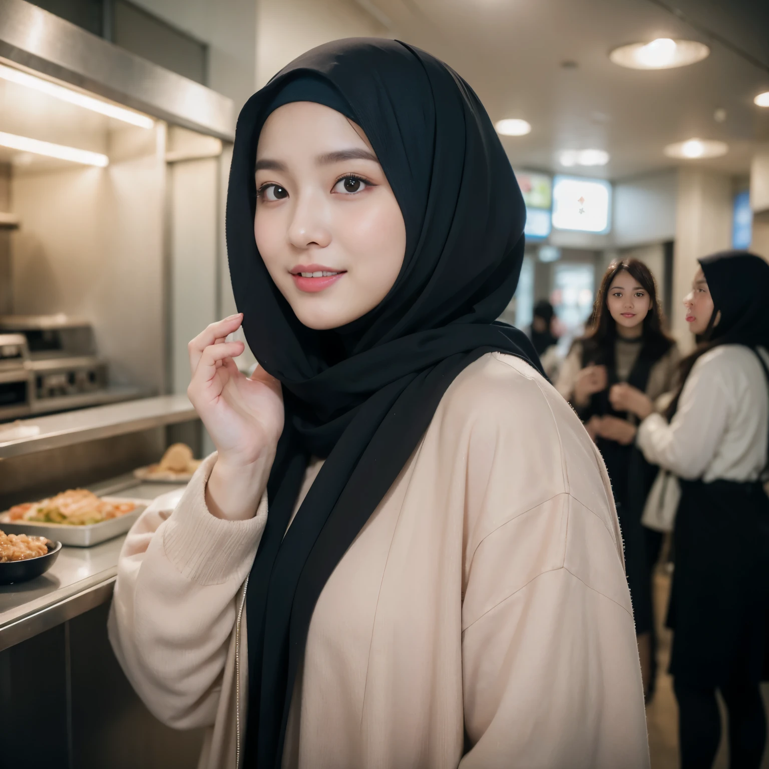Muslim girl, hijab, (8K, RAW photo, highest quality, High resolution:1.1), (hyperrealistic:1.4),(realistic, photorealistic:1.3), soft light,realistic face,realistic body,realistic skin,disorganized,masterpiece,(cute:1.8), , baby face, Big breasts,(big:1.2),fine black eyes,innocent eyes,droopy eyes,Watery eye,open lips,blush,good style,colorful lights,film Grain,smile,full Body,blurred background,young,85mm lens, f/ 1.4,professional lighting,portrait,photon mapping,radio city,Physically based rendering,japanese girl, wearing black matte hijab, abaya, twirling hijab, sky blue jacket,having ramen with me, in a bussy foodcourt,