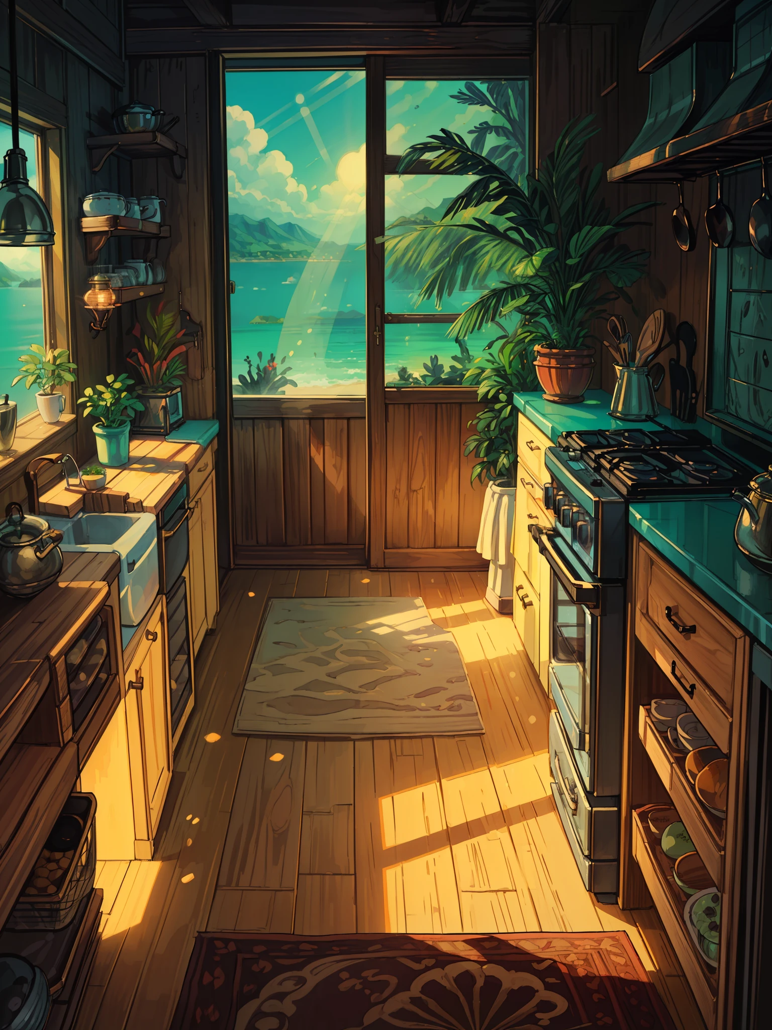 (masterpiece:1), (wide view:1.7),(a kitchen with view of sea :1.6), (microwave:1.3), (pots with tropical plants:1.5), (day time:1.5), silence, (fruits in basket:1.4), (utensils:1.5), (soft glow of vibrant tones:1.4), (sunlight falling inside:1.5), magnificent sky, (volumetric light:1.2), peaceful, (carpet:1.4), (vibrant bright tones:1.5),(coffee mug:1.3), (shelves:1.3), (wooden furniture:1.5), (lamp:1.4), (beautiful aesthetics:1.2), (refrigerator:1.5), beautiful tones, subtle colors, peaceful, (illustration: 1.0), epic composition, realistic lighting, (no human:1.6), HD details, masterpiece, best quality, ,