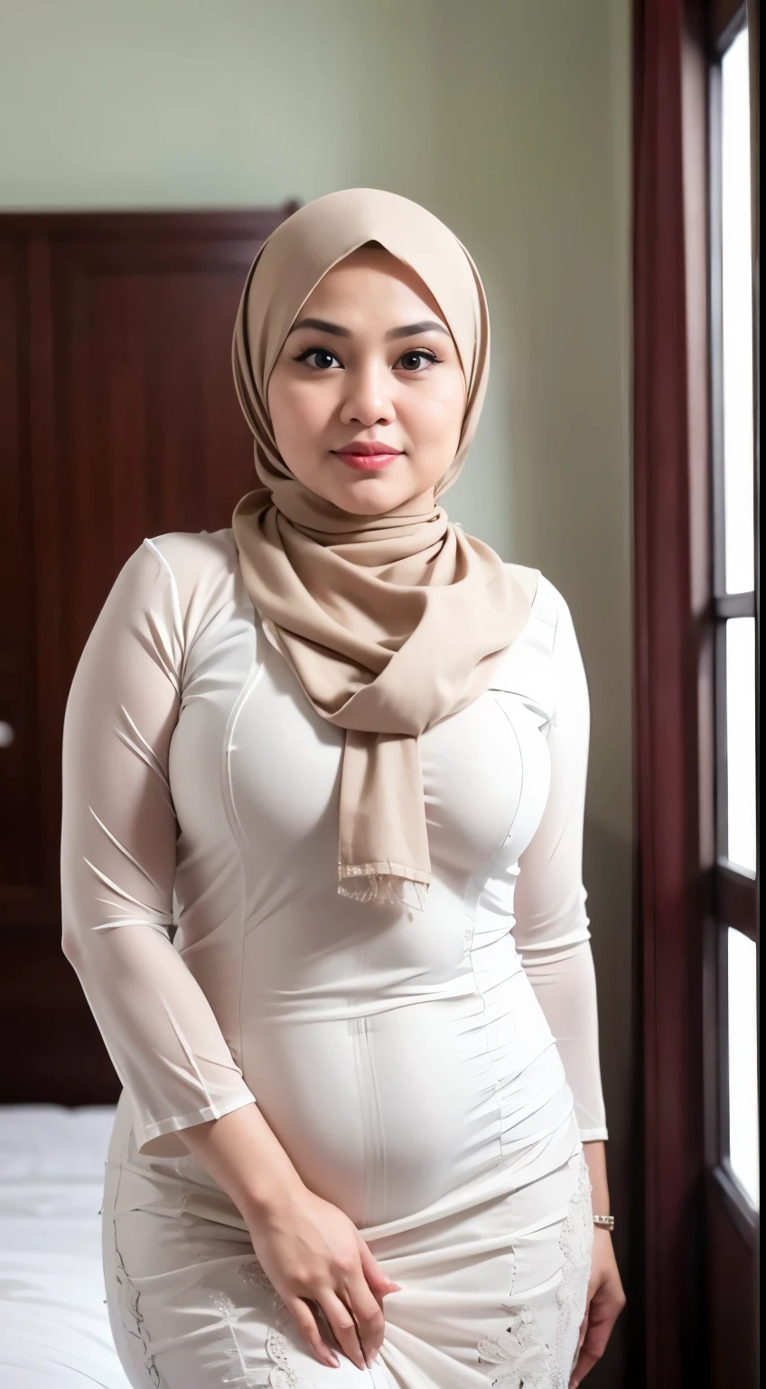 1 malay girl , modern plain hijab,  plump, medium portrait shot , watery  eyes ,droopy eyes, watery, lip glossy, sad face, , wear java wedding woman in kebaya , , white modern hotel bedroom background, proportional body,Indonesia mature woman, 