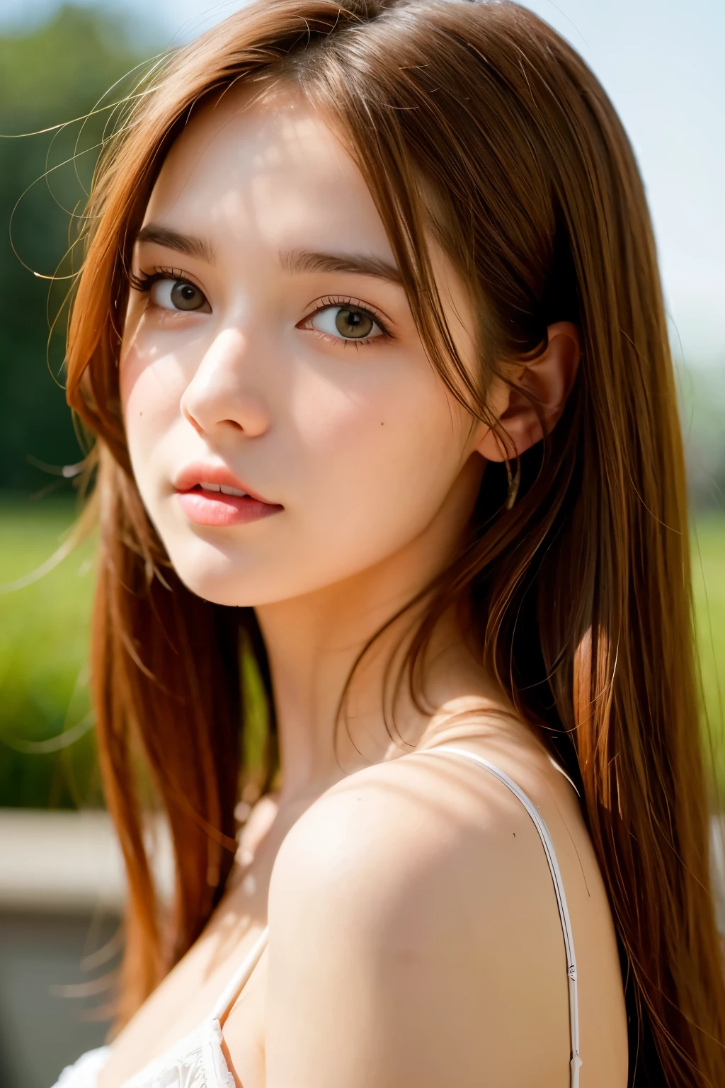 white skinned woman round face brown hair , con minifalda cuerpo completo 