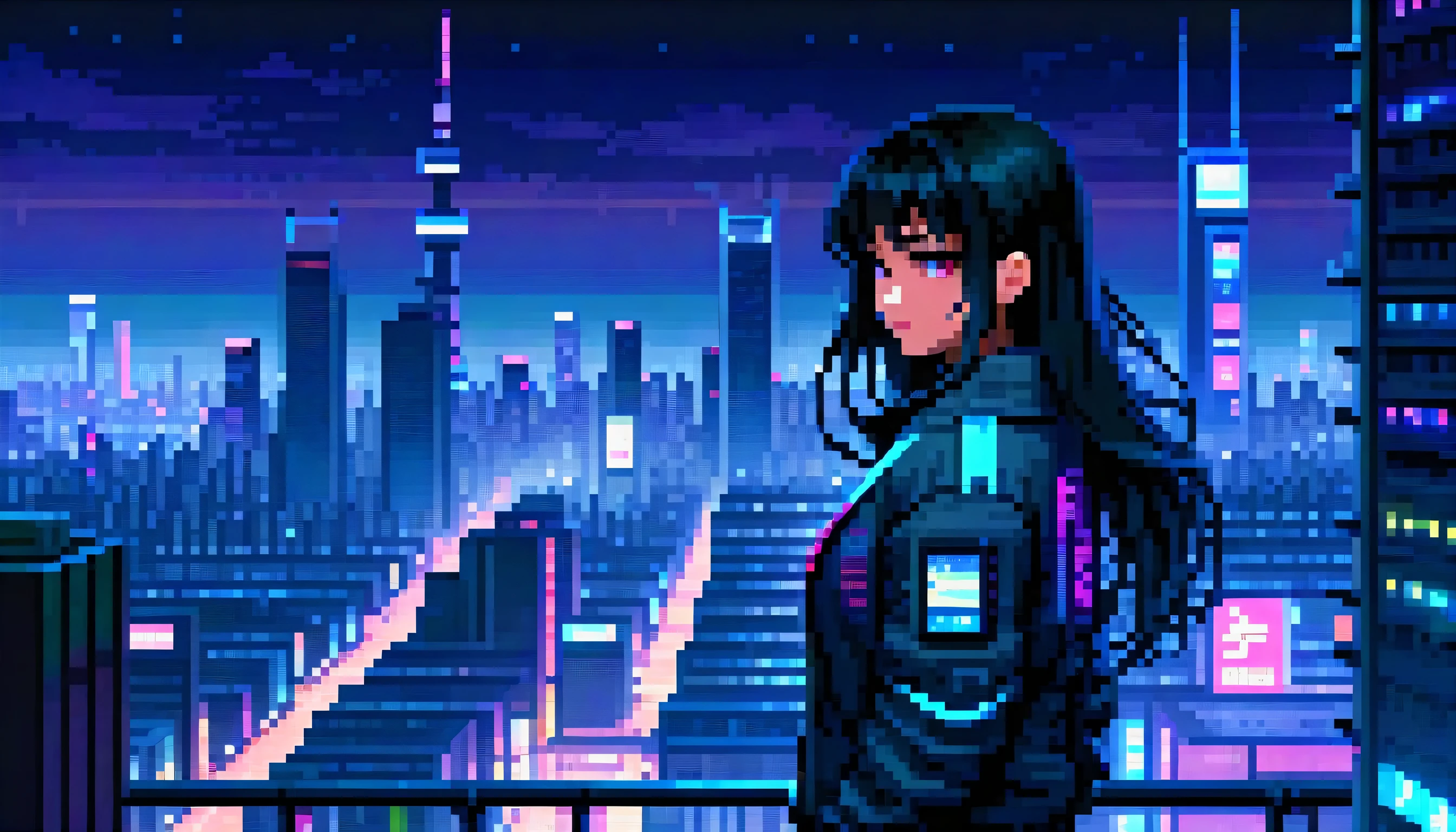 pixel, 16 bit style, pixel art, nintendo game scene, cyberpunk style, cold colors, blue,in the background tokio at night, sky scrapers, skyline, modern, colorful lights, night in tokio, dark, in the foreground 1girl, full body, latina with long black hair and bangs, black eyes, brown eyes, depth of image