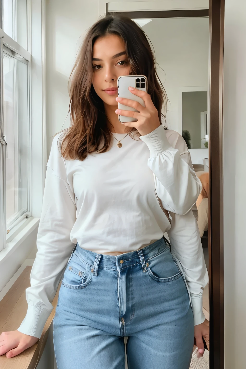 photorealistic, best quality, hyper detailed, natural amateur selfie, selfie, beautiful slim young woman, natural subtle makeup, natural light blond hair, mirror selfie, wearing jeans and a tshirt, full body mirror selfie, sweetest closed lipped smile, at home, in the bedroom, golden hour, turned to camera, (focused),very sweet closed lipped smile, skin texture , ultra high res, best shadow, RAW, instagram LUT
