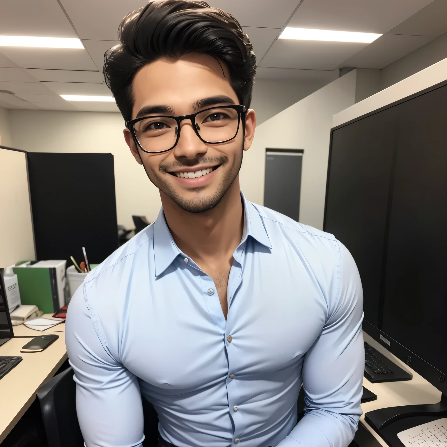 Homem jovem, bonito, ultra qualidade, black eyeglasses, roupas brancas, corpo magro, roupas casuais, Background in an office, com um sorriso leve.