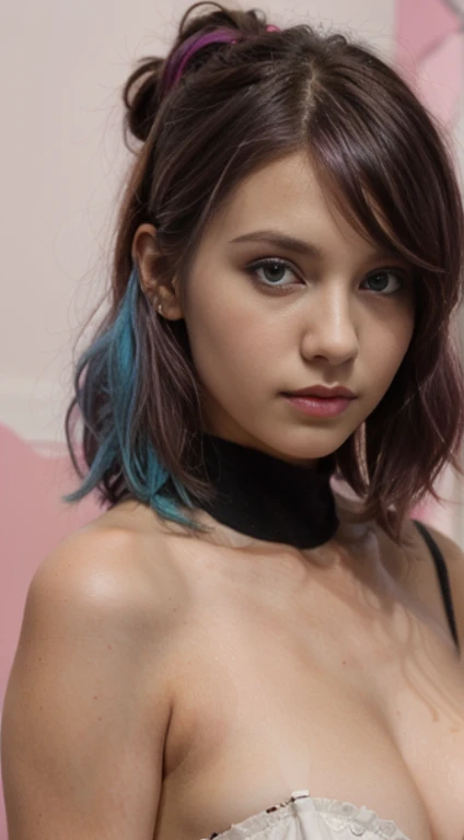 a girl with black and pink hair and blue eyes ,wenesday s face,attractive,