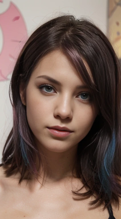 a girl with black and pink hair and blue eyes ,wenesday s face,attractive,