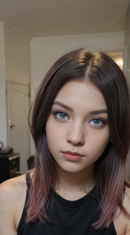 a girl with black and pink hair and blue eyes ,wenesday s face,attractive,