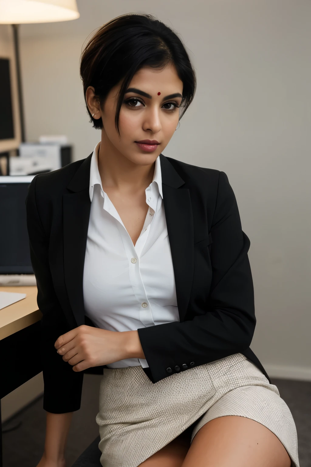 high detail, modern, #realisticbabe, Hyperrealism, cinematic lighting, depth of field, UHD, retina, masterpiece, acurate, anatomically correct, textured skin, super detail, high details, high quality, award winning, best quality, highres, 8k, Photo of a sexy mid 30s brunette Indian woman with short hair sitting in an office wear a black suit jacket with unbuttoned blouse, long tight skirt, pleasant atmosphere, american flag in the background, perfect face dunkle Beleuchtung,