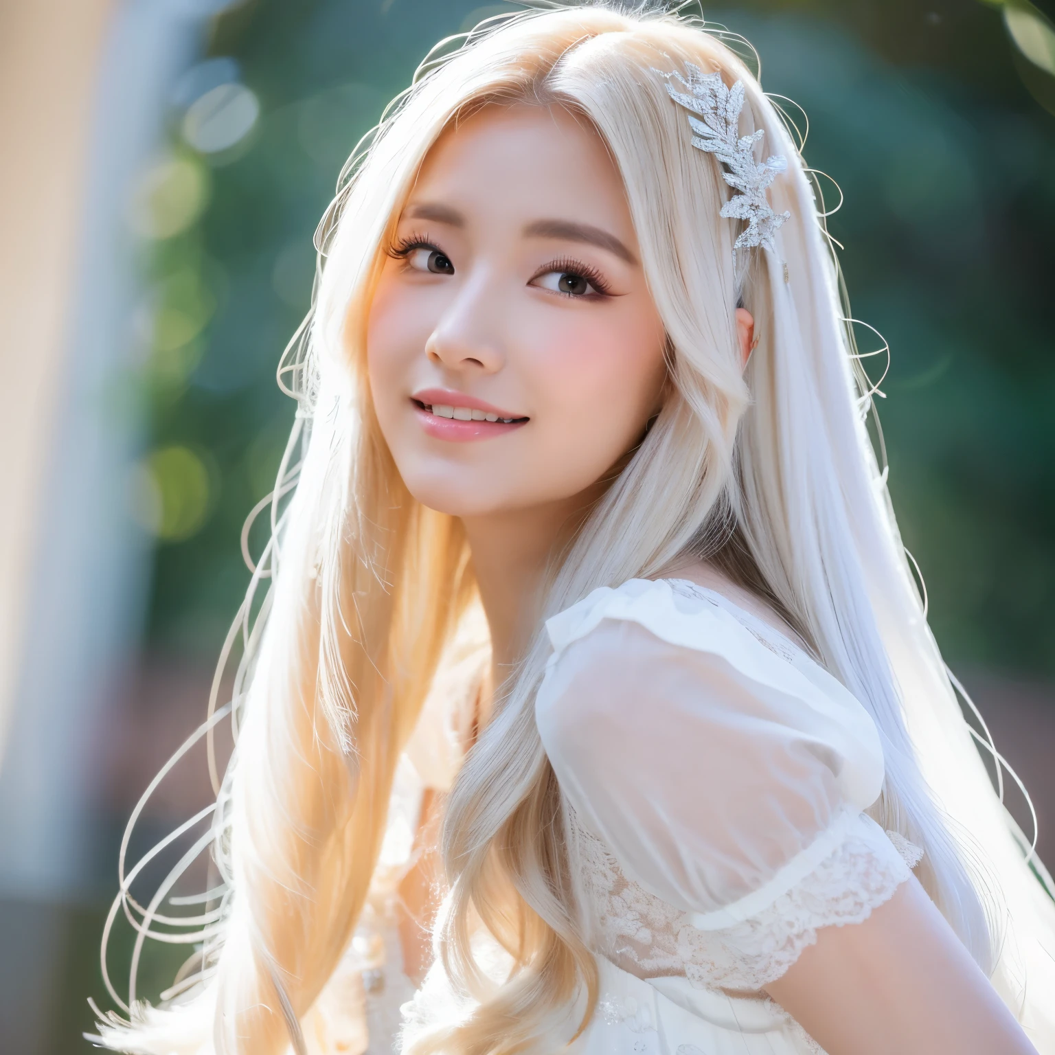 A woman with white long hair and lashes, in a white dress