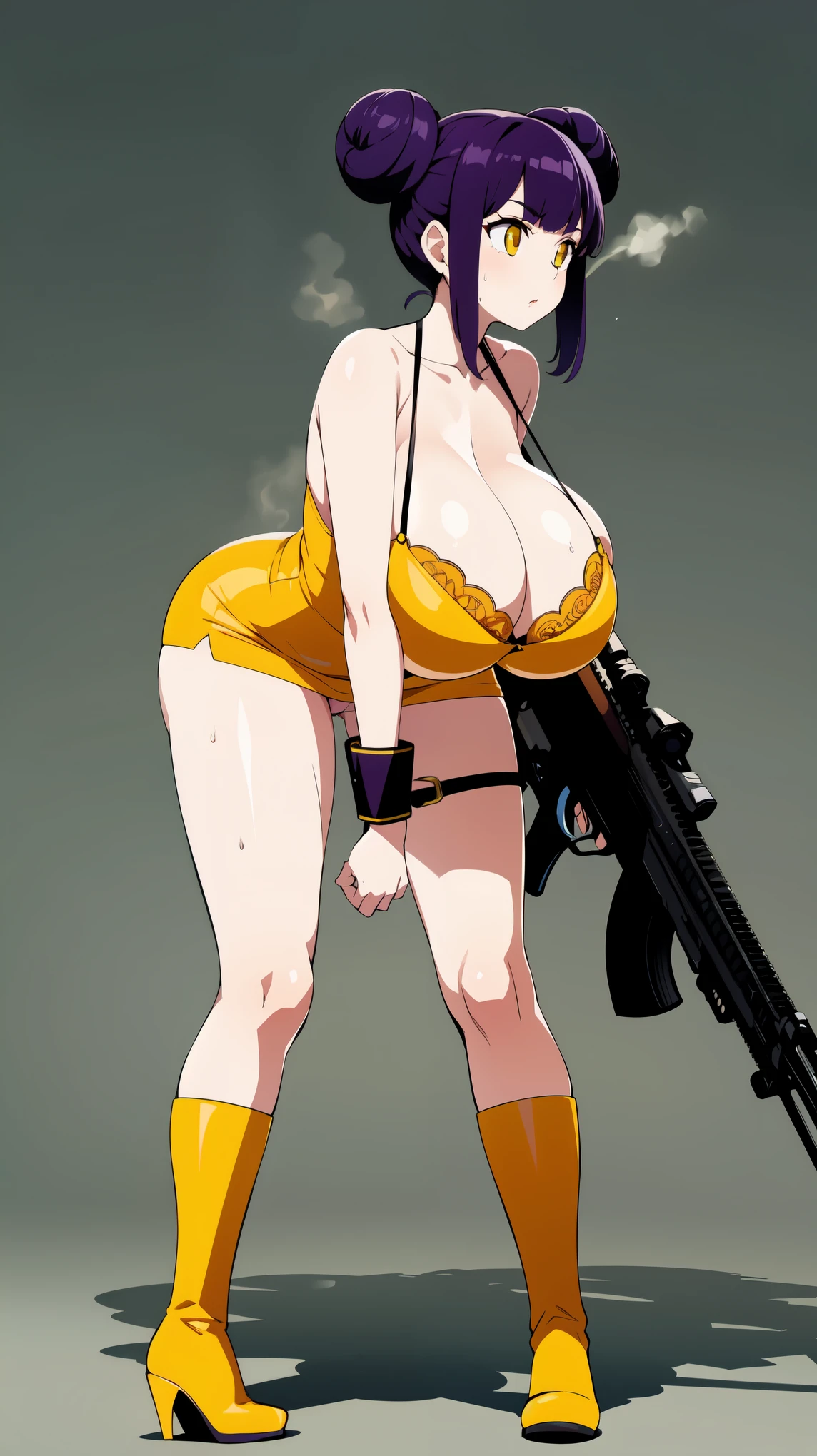 Slime girl, (slime), Slime hair Double buns hair style, Pumpkin Orange, weapon belt, Masterpiece, Best Quality, gigantic breasts, slime girl, slime girl, purple hair, lavender hair, yellow clothes, weapon belt around waistline, rifle, long rifle, AR-15 Rifle, assault rifle, exposed yellow bra, yellow clothing, wearing yellow clothing, fully body view, tight yellow dress, Rifle in hand, mature woman, gorgeous, perverted, sexy, yellow dress, exposed chest, exposed bra, exposed breast, black boots/heels, gold bracelets around wrist, holding rifle, aiming with rifle, tactical stance, tactical gear, sweaty body, long legs, tall woman, lustful yellow eyes, yellow lingerie , Slime girl, (slime), Slime hair Double buns hair style, Pumpkin Orange, weapon belt, Masterpiece, Best Quality, gigantic breasts, slime girl, slime girl, purple hair, lavender hair, yellow clothes, weapon belt around waistline, rifle, long rifle, AR-15 Rifle, assault rifle, exposed yellow bra, yellow clothing, wearing yellow clothing, fully body view, tight yellow dress, Rifle in hand, mature woman, gorgeous, perverted, sexy, yellow dress, exposed chest, exposed bra, exposed breast, black boots/heels, gold bracelets around wrist, holding rifle, aiming with rifle, tactical stance, tactical gear, sweaty body, long legs, tall woman, lustful yellow eyes, yellow lingerie, mature body, mature face, dark purple hair color, purple hair, bending down, bent over, crouching