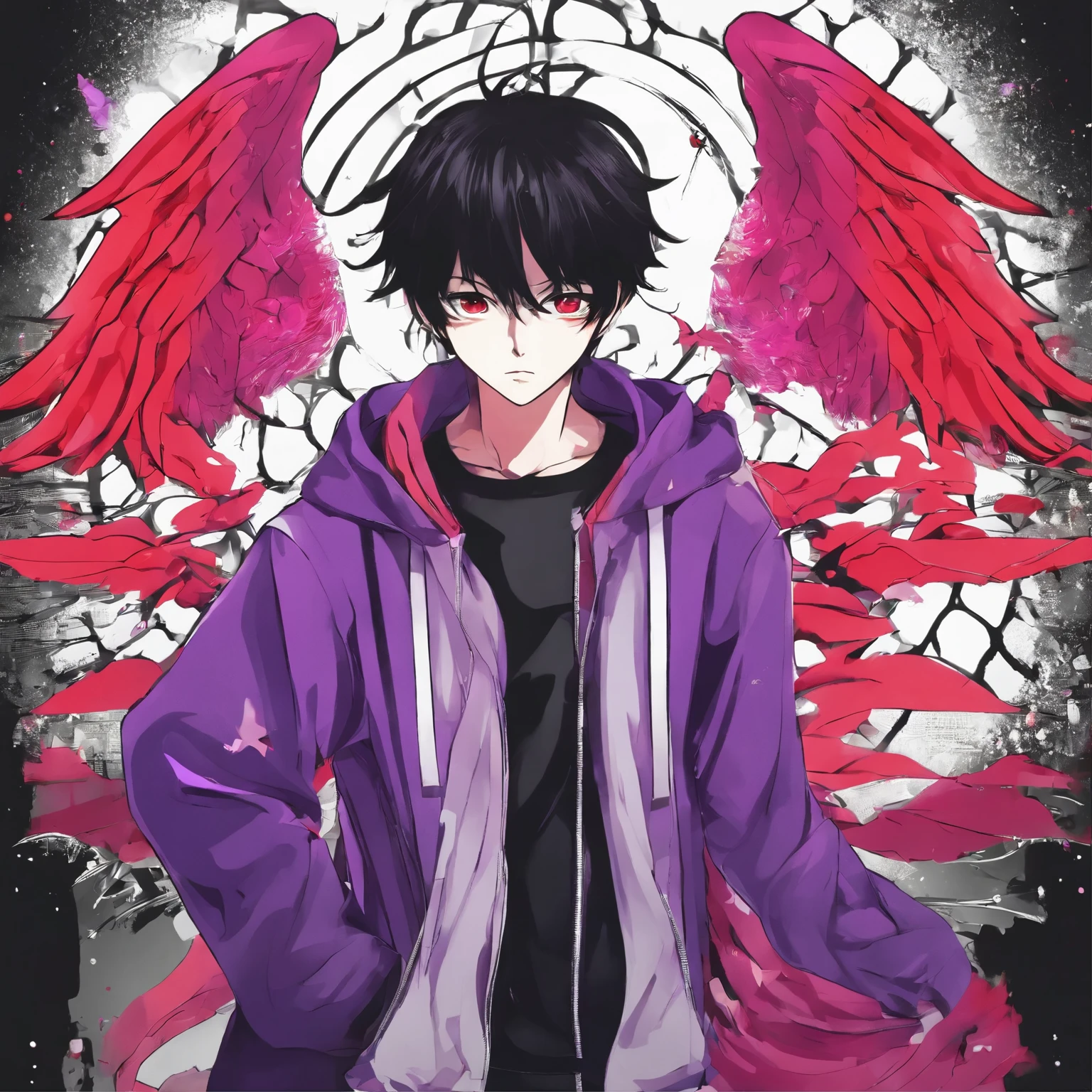 masterpiece, best quality, extremely detailed, anime, boy, age 20, violet tracksuit, black hair, red eye, black angel wing