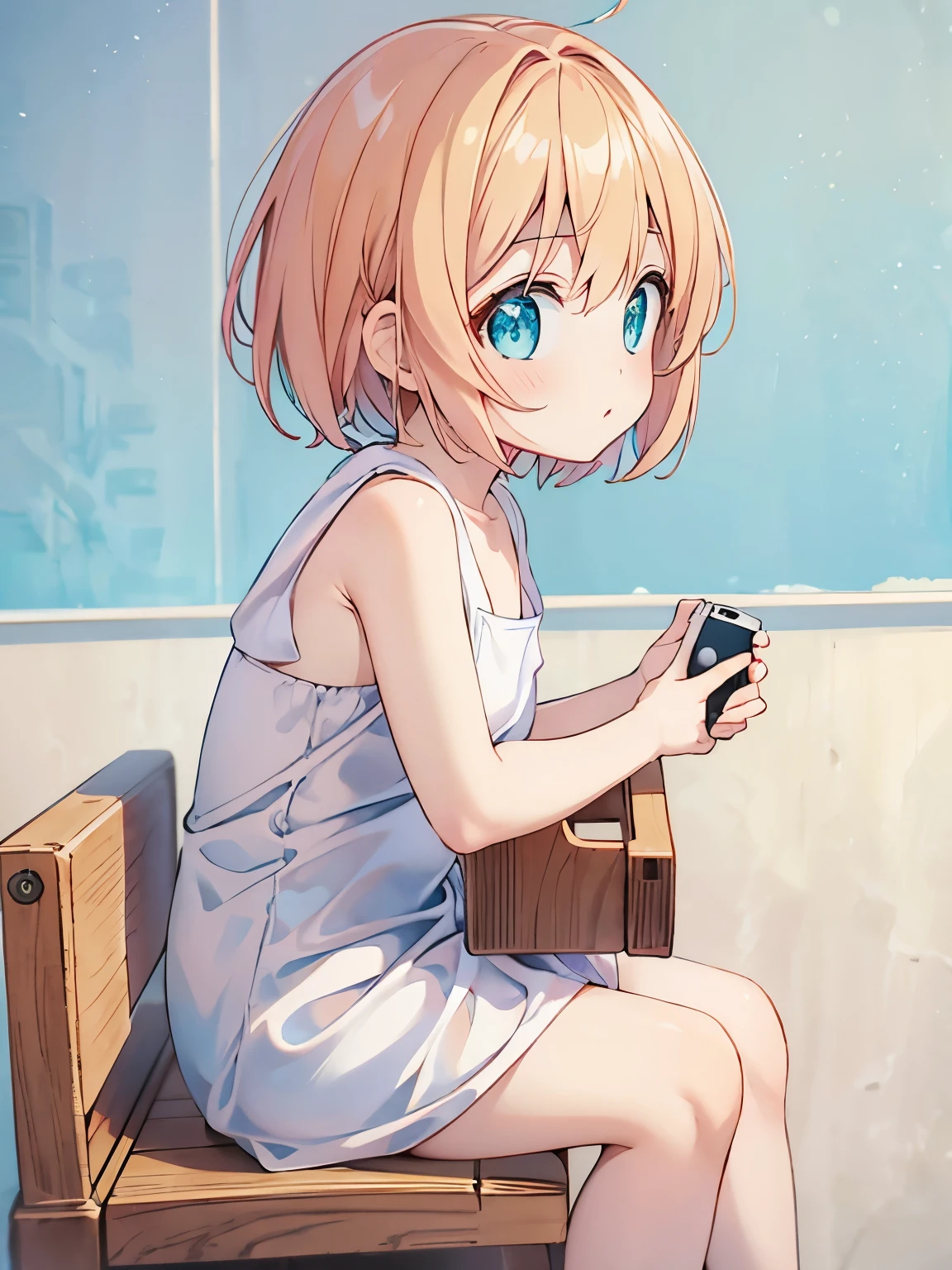 Baby girl,Sit facing right, camera angle from the side,,Blonde gradient hair, half body photo,blue eyes, short hair, white towel,