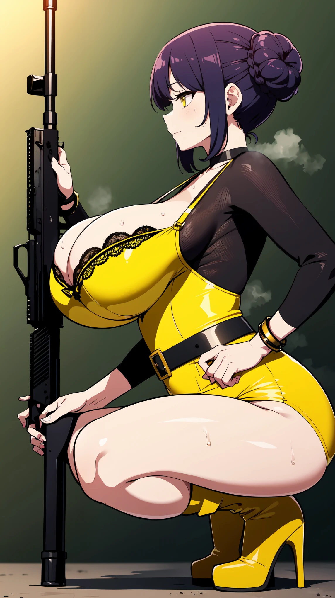 Slime girl, (slime), Slime hair Double buns hair style, Pumpkin Orange, weapon belt, Masterpiece, Best Quality, gigantic breasts, slime girl, slime girl, purple hair, lavender hair, yellow clothes, weapon belt around waistline, rifle, long rifle, AR-15 Rifle, assault rifle, exposed yellow bra, yellow clothing, wearing yellow clothing, fully body view, tight yellow dress, Rifle in hand, mature woman, gorgeous, perverted, sexy, yellow dress, exposed chest, exposed bra, exposed breast, black boots/heels, gold bracelets around wrist, holding rifle, aiming with rifle, tactical stance, tactical gear, sweaty body, long legs, tall woman, lustful yellow eyes, yellow lingerie , Slime girl, (slime), Slime hair Double buns hair style, Pumpkin Orange, weapon belt, Masterpiece, Best Quality, gigantic breasts, slime girl, slime girl, purple hair, lavender hair, yellow clothes, weapon belt around waistline, rifle, long rifle, AR-15 Rifle, assault rifle, exposed yellow bra, yellow clothing, wearing yellow clothing, fully body view, tight yellow dress, Rifle in hand, mature woman, gorgeous, perverted, sexy, yellow dress, exposed chest, exposed bra, exposed breast, black boots/heels, gold bracelets around wrist, holding rifle, aiming with rifle, tactical stance, tactical gear, sweaty body, long legs, tall woman, lustful yellow eyes, yellow lingerie, mature body, mature face, dark purple hair color, purple hair, bending down, bent over, crouching