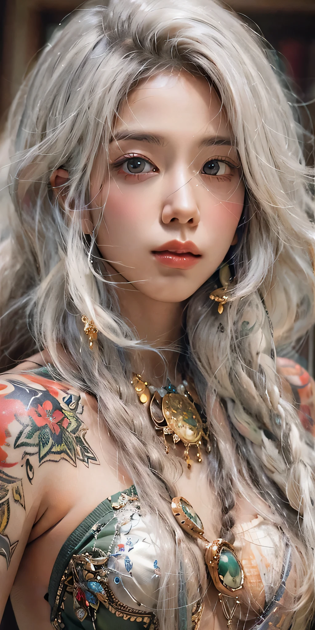 photorealistic, high resolution, soft light,1women, solo, hips up, (detailed face), jewelry, tattoo, songoku costume, super long hair, masterpiece, close up, small breast