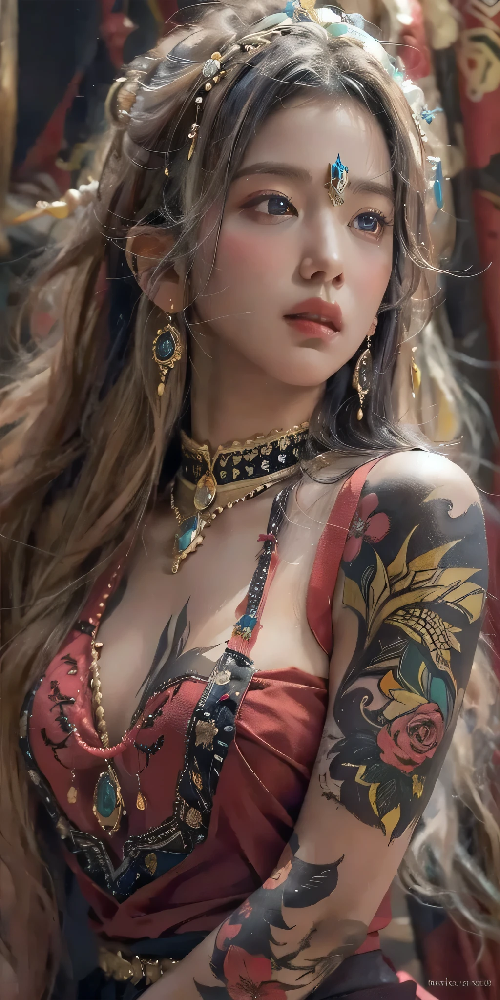 photorealistic, high resolution, soft light,1women, solo, hips up, (detailed face), jewelry, tattoo, songoku costume, super long hair, masterpiece, close up, small breast