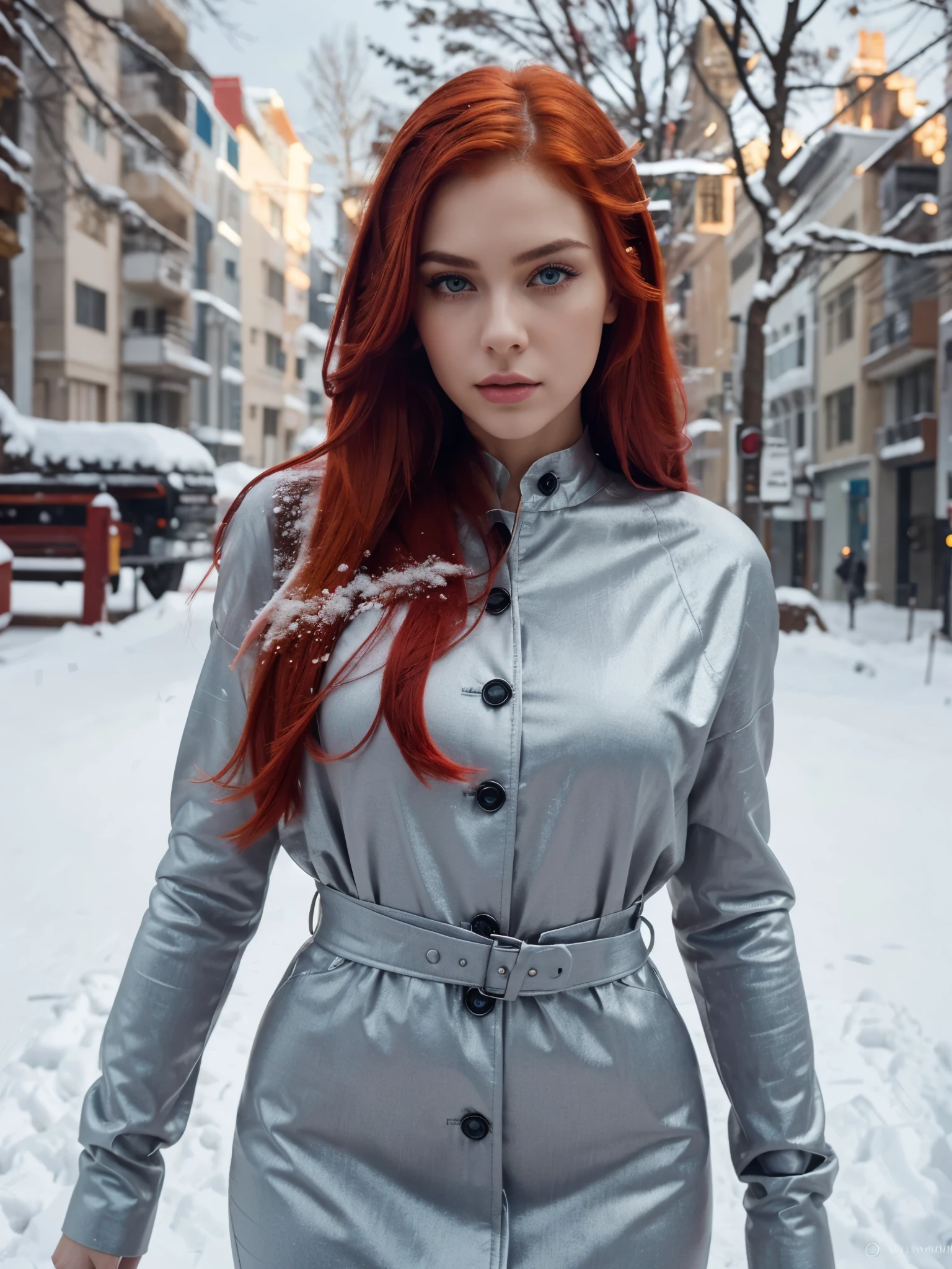 a 22 year old woman, serious expression and striking appearance. My hair ((long pastel neon red hair, contemporary and futuristic look)) frames my face and highlights my very very large blue eyes and brighter than a normal human being, magnetic brightness. My full lips are slightly parted, as if I'm about to say something. Her button nose is redder than the rest of her pale skin. My colored eyebrows are thick and dark, giving me a bold look. My cheekbones are high and defined and my eyelashes are long and curled. Her lips, painted in bold shades of bright orange. Their chromatic intensity completes the extraordinary ensemble, giving an aura of glamor and refinement to this girl with a memorable face.
In the evocative snowy panorama, the young model stands out with a timeless elegance. With her standing body turned to the side, she wears a flawless elegant dress that blends harmoniously with the surrounding snow, creating a delicate yet punchy color contrast. The silvery morning light envelops the scene, giving it an ethereal and mysterious atmosphere. Her pose, with a determined and magnetic gaze, conveys a combination of inner strength and vulnerability, adding emotional depth to the image. The camera, strategically positioned in front, captures every detail with precision, while the snowy background completes the image with a feeling of peace and tranquility.