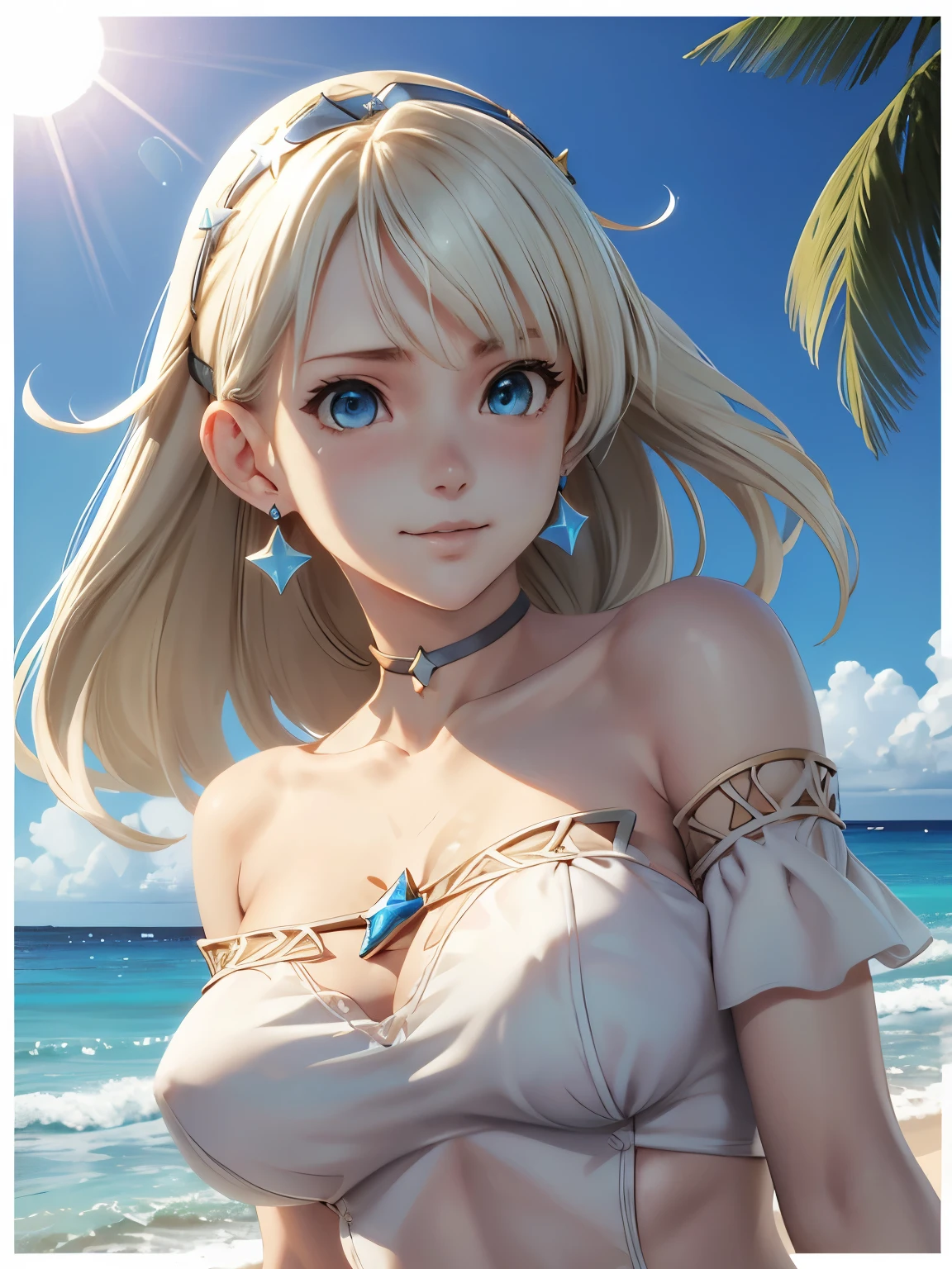 1girl ,other ,bare arms ,bare shoulders ,barefoot ,bikini ,blonde hair ,blue background ,blue bikini ,blue eyes ,border ,bouncing breasts ,breasts ,cleavage ,collarbone ,earrings ,float ,gameboy ,hair over one eye ,hat ,innertube ,jewelry ,large breasts ,long hair ,looking at viewer ,navel ,off-shoulder bikini ,off shoulder ,simple background ,smile ,star (symbol) ,star earrings ,sun hat ,swim ring ,swimsuit ,white border