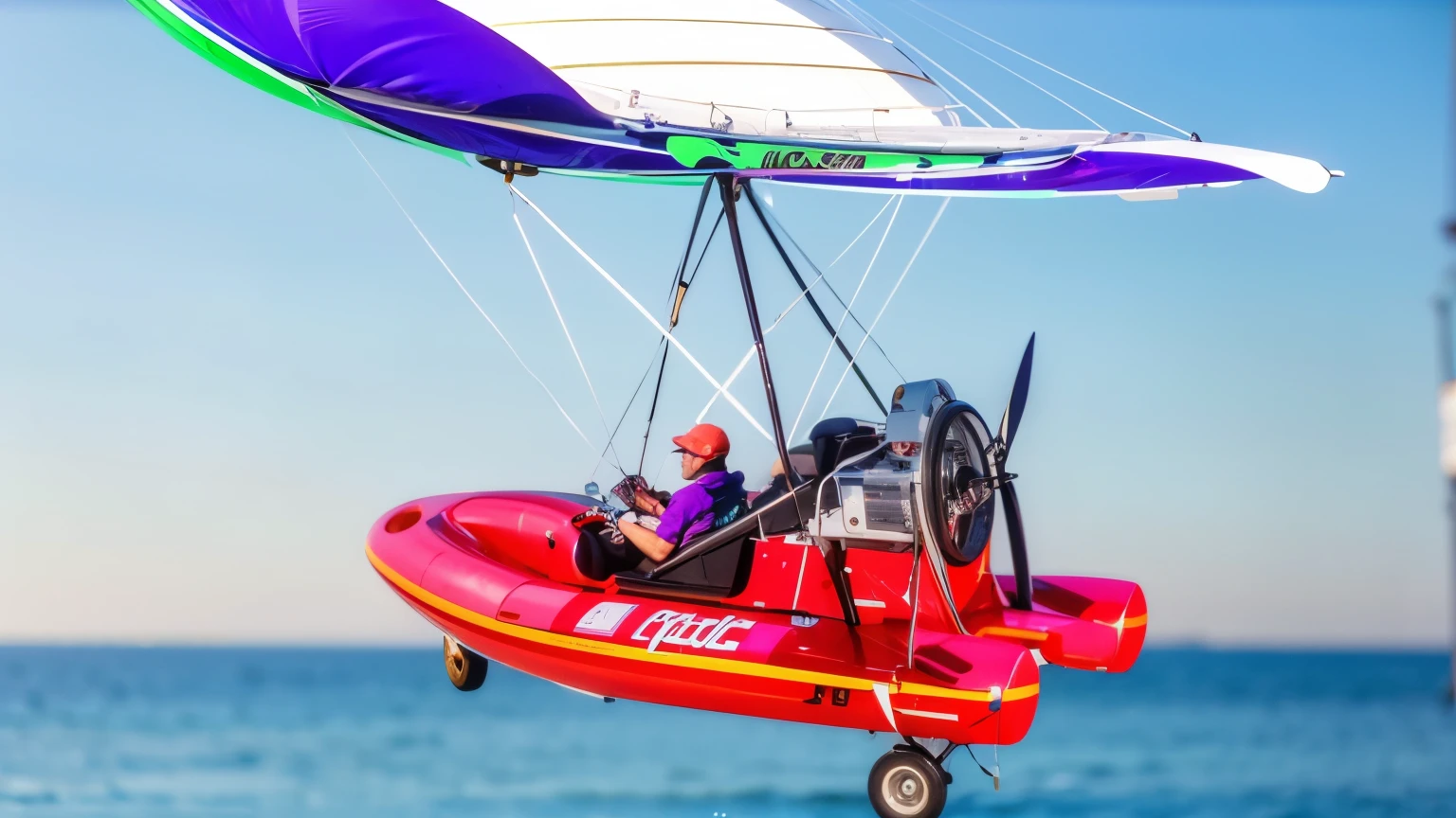man wearing violet suit and helmet sitting in a Polaris Motor red boat flying over the ocean, flying boat, concept boat, pod racer, realistic aircraft, photo - shot, render, small boat, top boat racing simulator, same design, 16k resolution, realistic image, hyper realistic image, caught on footage, very detailed