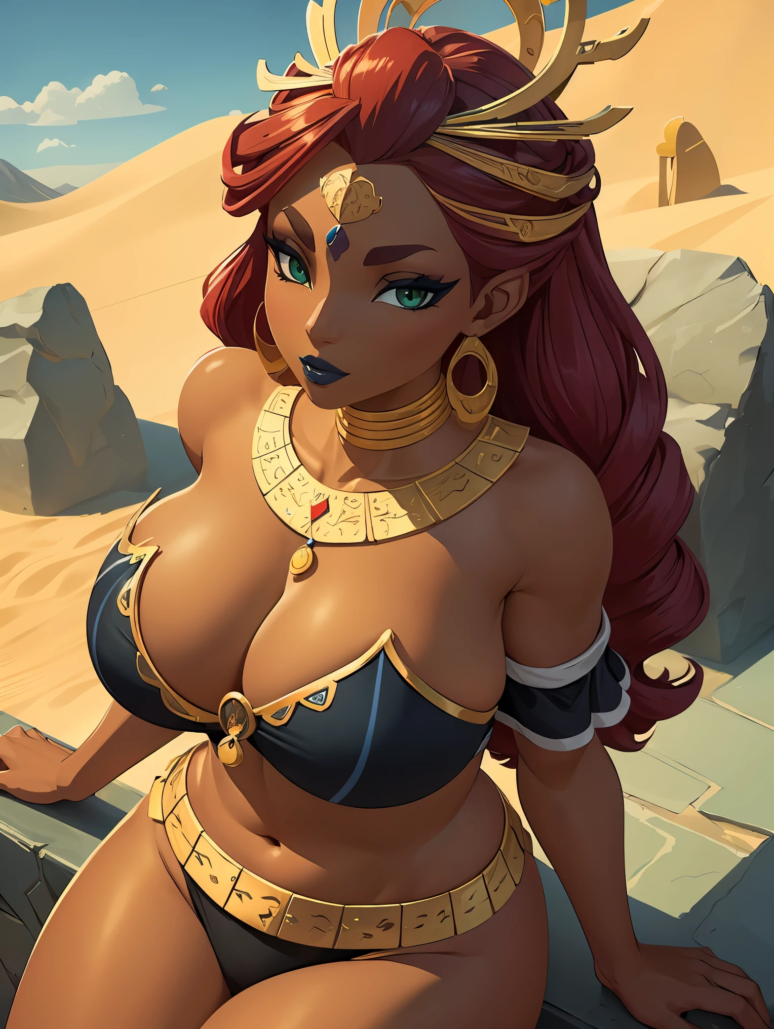 ((high detailed, best quality, 4k, masterpiece, hd:1.3)), ((best quality)), (((HD))), (((8k))), (ultraDH), (ultra HD), green eyes, BREAK green eyes, seductive, attractive, smooth anime cg art, 36C breasts, long legs, vivid colors, slim body, perfect skin, red hair, long hair, light hair, red hair, BREAK crown, cleavage, 36C cleavage, looking at viewer, BREAK looking at viewer, extremely detailed face, earrings, gem, dark blue makeup lips, dark gothic eyeshadows, dark eyeshadows, white eyeshadows, blue sexy lips, dark lips, very dark lips, (perfect hands, perfect anatomy), light makeup, blue medium lips, blue thick lips, detailed fingers, five fingers per hand, 5 fingers, (1 girl), detailed lips, detailed blue lips, blue painted lips, gothic painted lips, (breast focus), (arms outstreched:1.2), (from above:1.1), (breasts out:1.3), (off shoulder:1.1), (((desert))), (((gigantic breasts)))