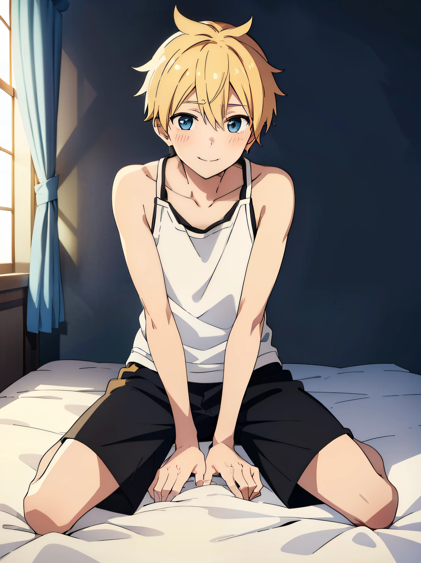 best quality, ultra precision, (one boy), (Len_Kagamine), blond hair, cowlick, bedroom, character focus, black short pants, Tank top, innocent, slender, blush, cute, cool, smile a little, happy, handsome, he loves you, teenager, high school student, male model, attractive boy, sitting, (sit in a kneeling position), on bed, (put hands between crotch)